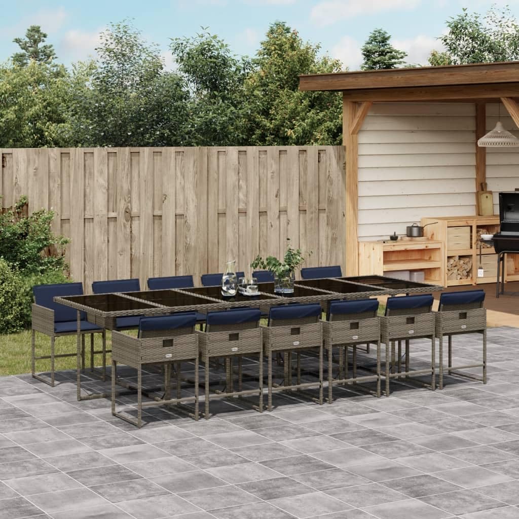 vidaXL 13 Piece Patio Dining Set - PE Rattan, Cushions, Foldable Chairs, Glass Tabletop - Gray, Navy Blue - Outdoor Garden, Backyard, Patio Furniture