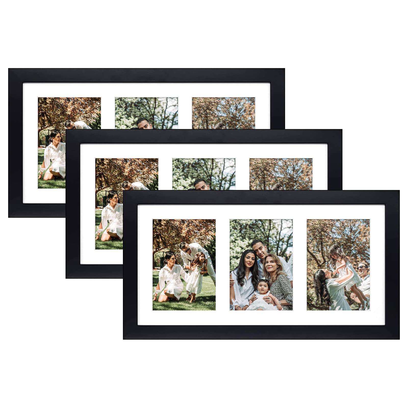 Golden State Art, Set of 3, 9x18 Black Wood Frame - White Mat for Three 5x7 Pictures - Sawtooth Hangers- Swivel Tabs - Wall Moun