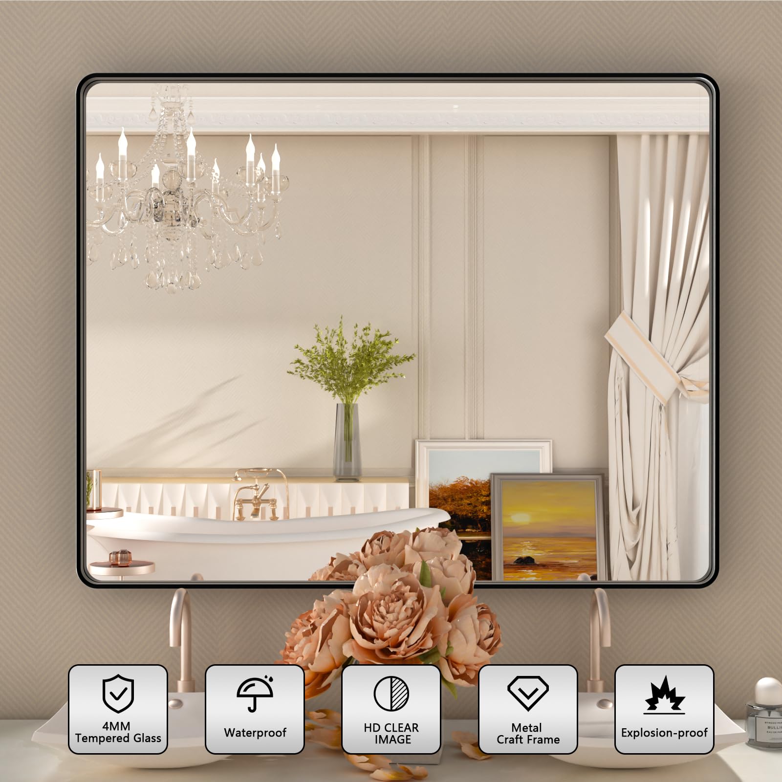 Istripmf Black Metal Framed Bathroom Mirror For Wall,32X36 Rounded Rectangle Mirror, Matte Black Bathroom Vanity Mirror Farmhous