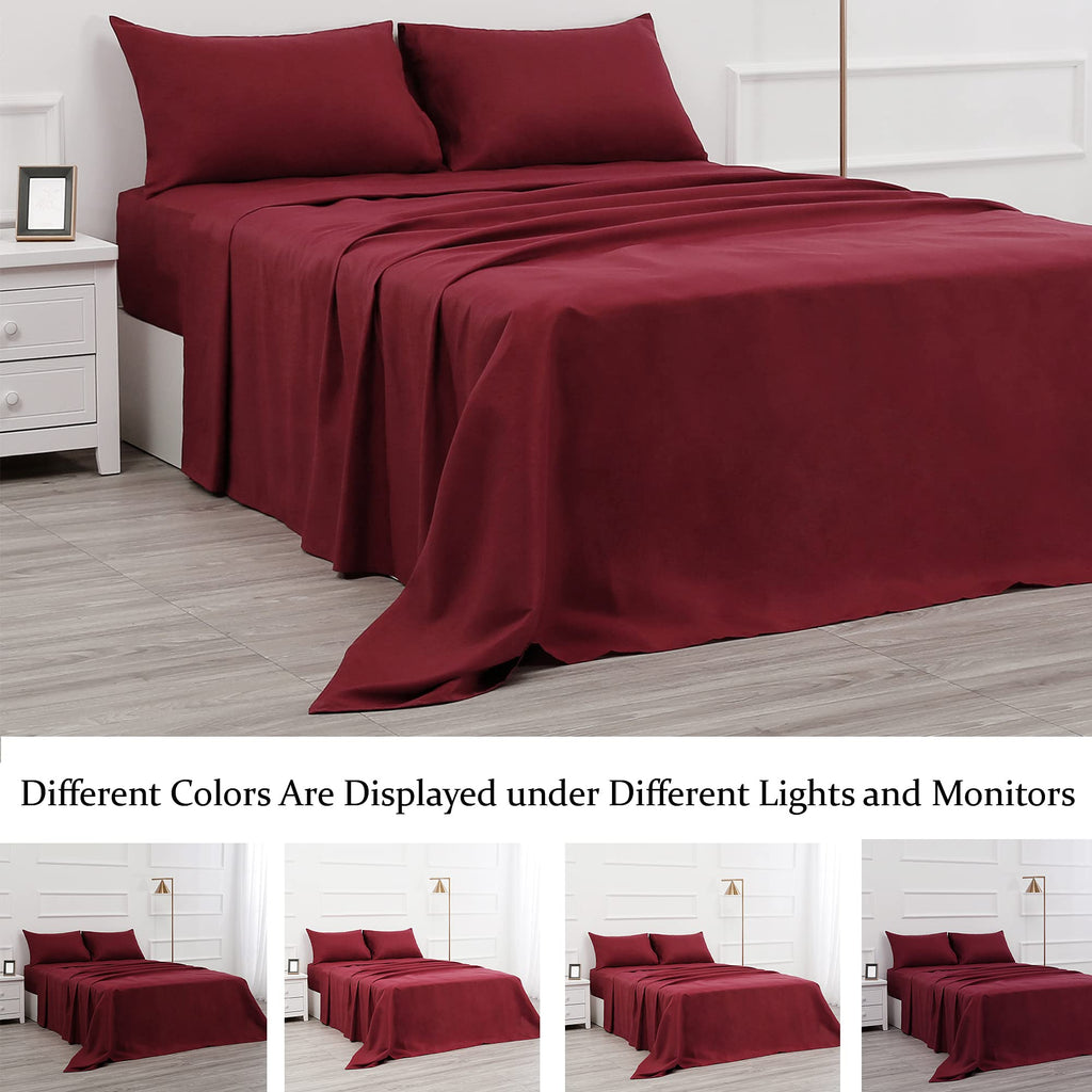 4 Piece Bed Sheet Set (Queen,Burgundy) 1 Flat Sheet,1 Fitted Sheet And 2 Pillow Cases,Brushed Microfiber Luxury Bedding With Deep Pockets