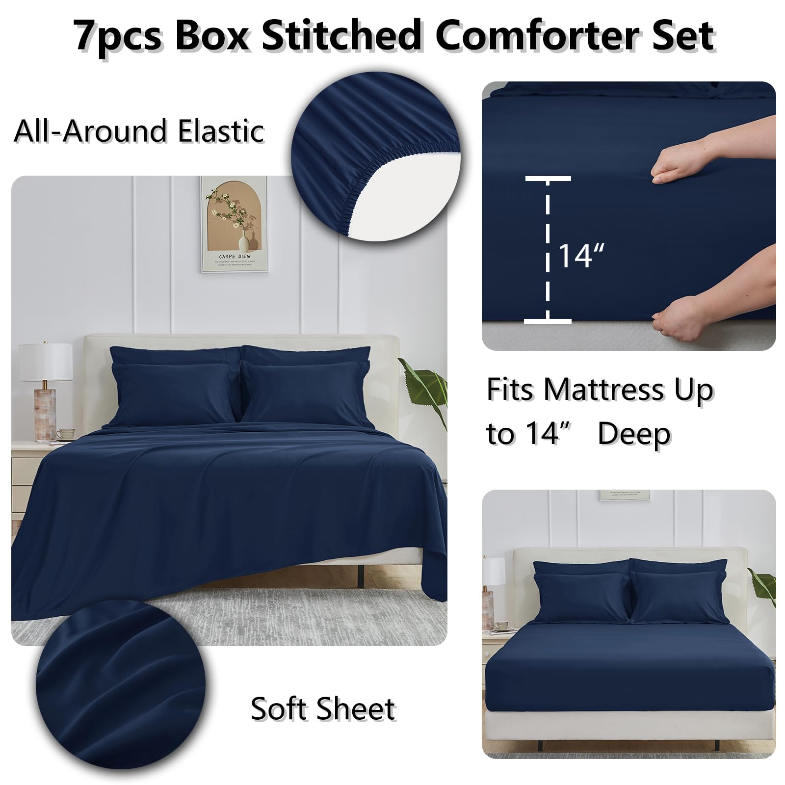 Cozylux Navy Blue Comforter Set Queen 7 Pieces Bed In A Bag Navy Blue Bedding Sets Complete Bed Set For All Season With Comforter, Flat Sheets, Fitted Sheet, Pillowcases & Shams