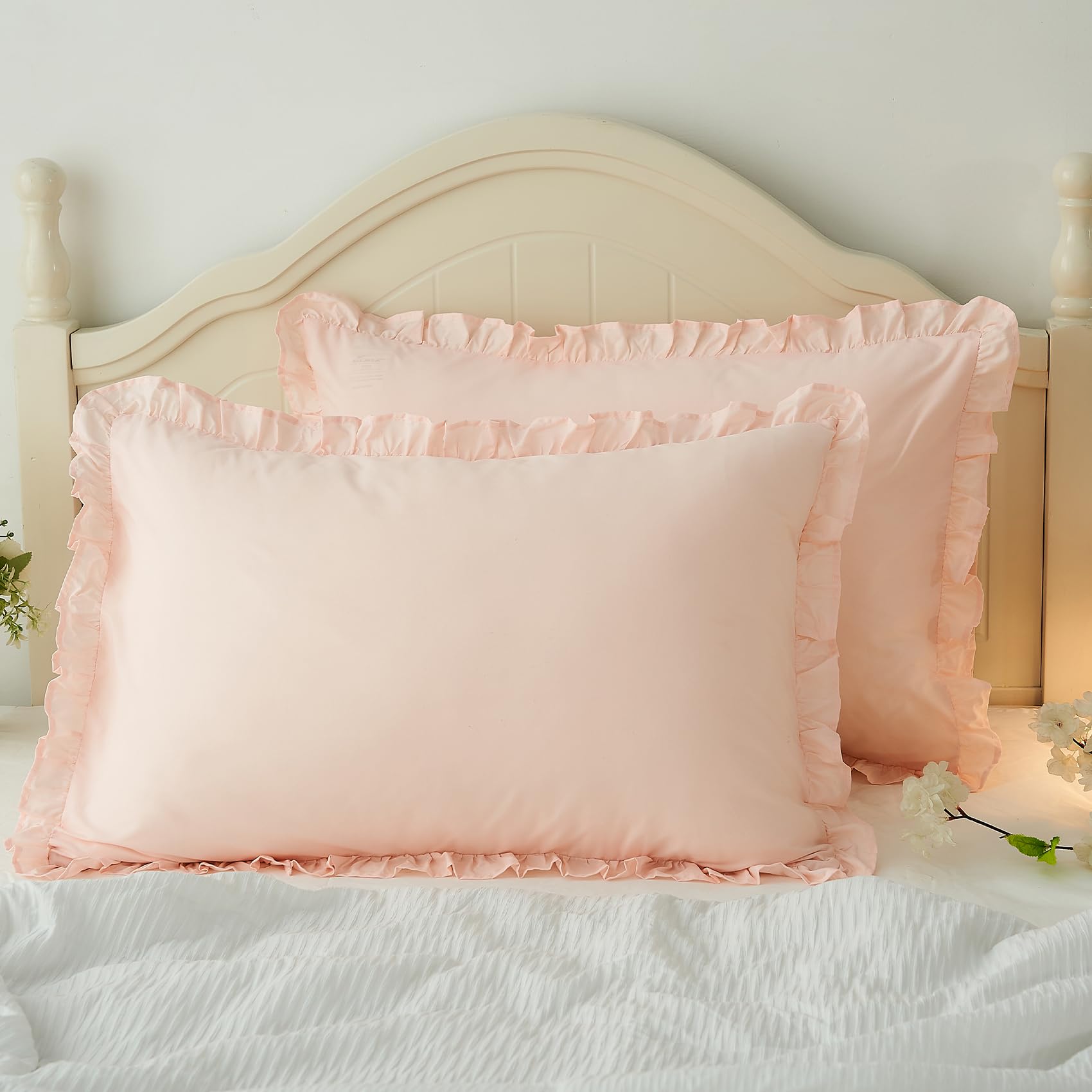 Ranznaz Pink Ruffle Pillow Cases Set Of 2, 100% Cotton King Size Farmhouse Pillow Shams With Envelope Closure, Elegant Vintage P