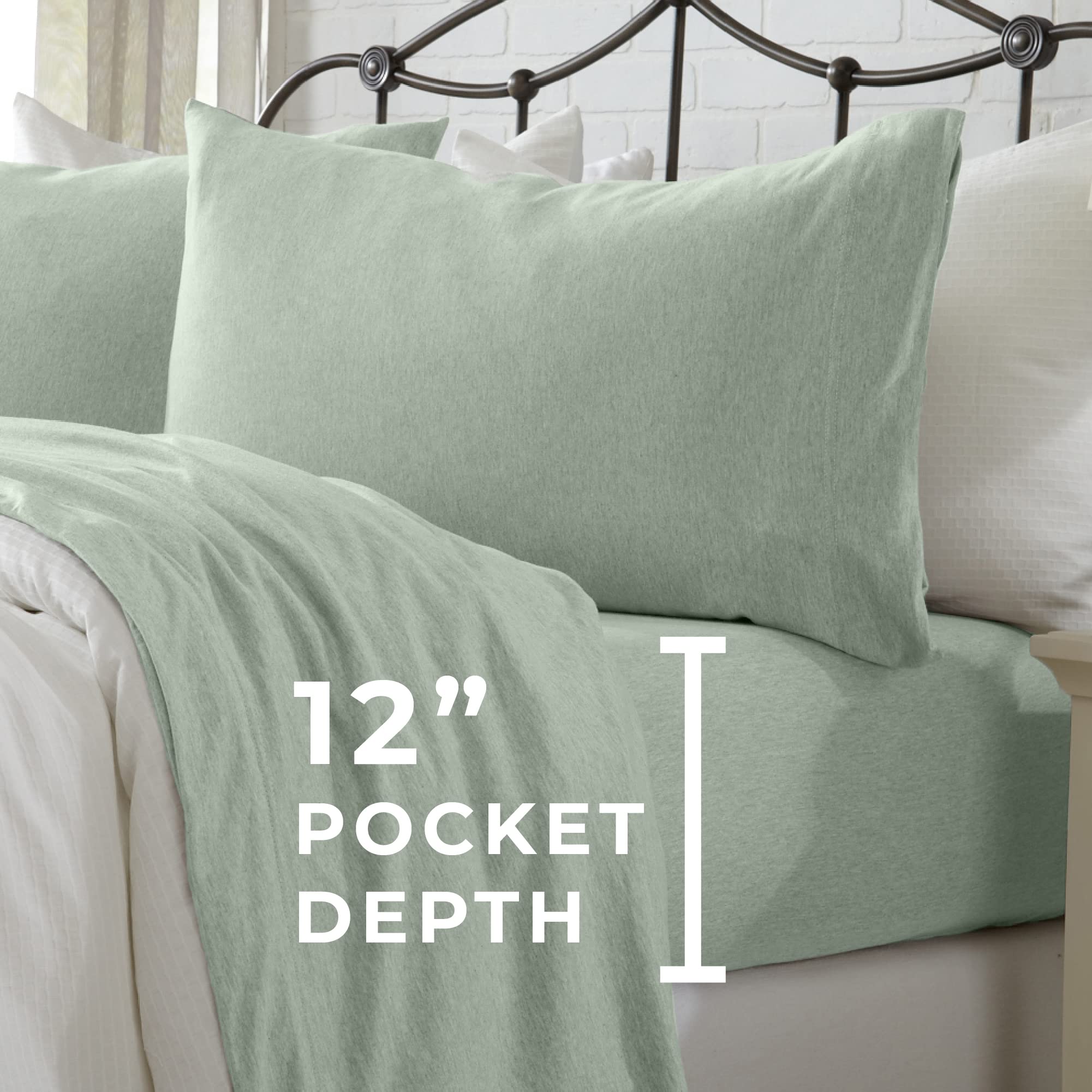3 Piece Jersey Knit Twin Xl Cotton Blend Green Sheet Set | Ultra-Soft T-Shirt Jersey Bedding Sheets & Pillowcases | Heathered, B