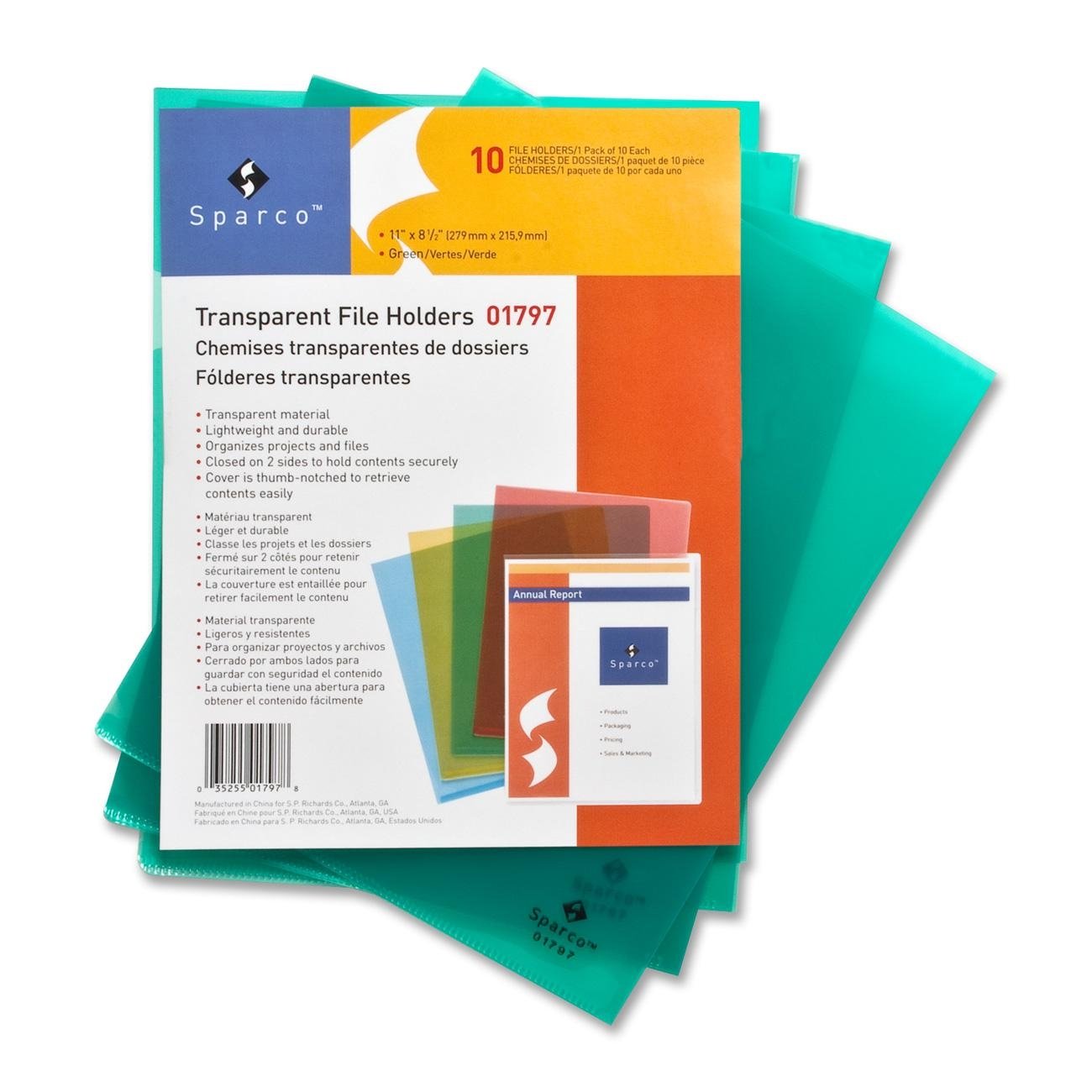 Sparco 01797 Transparent File Holders,Water Resistant,11'X8-1/2',10/Pk,Gn
