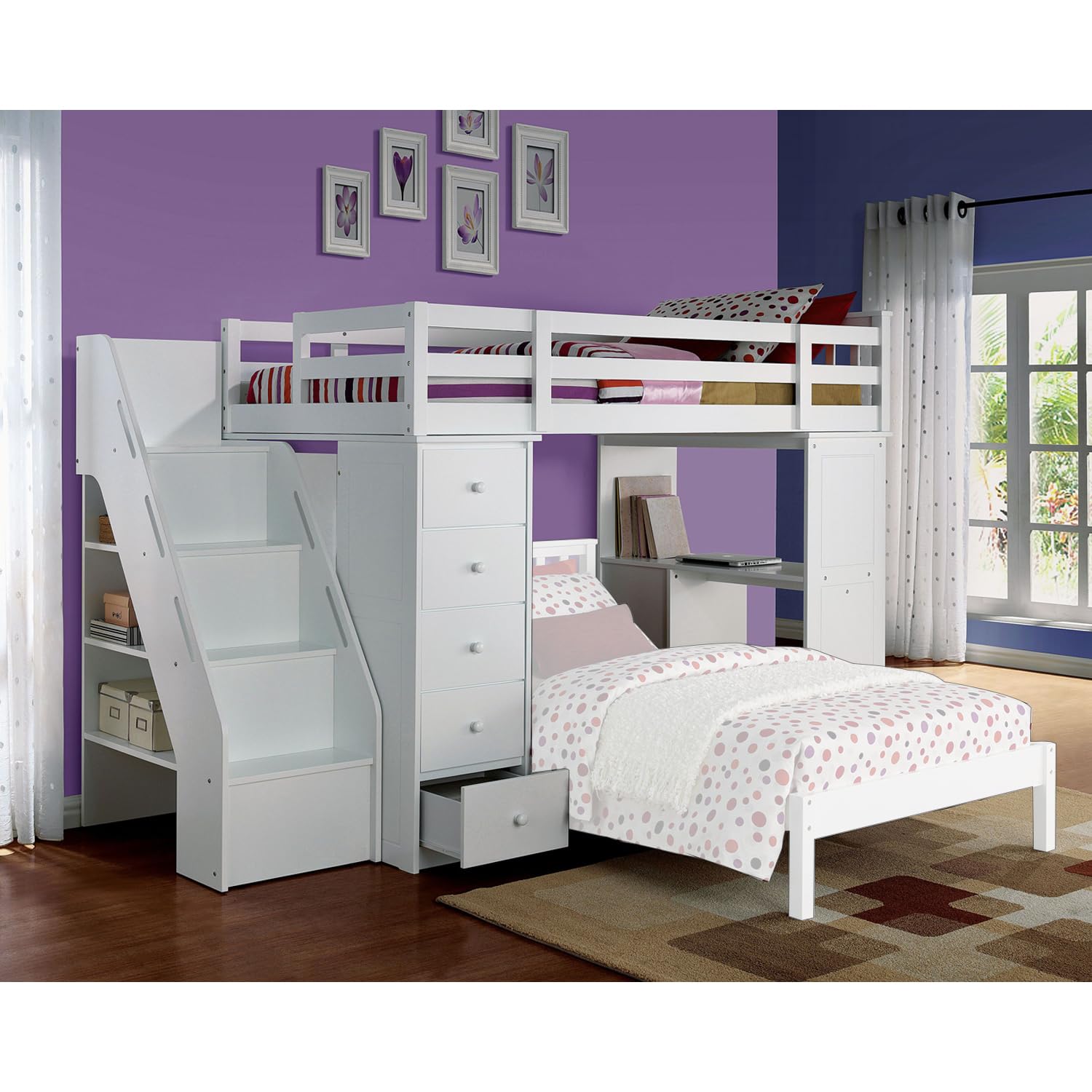 Acme Freya Solid Wood Storage Loft Bed with Bookshelf Ladder in White