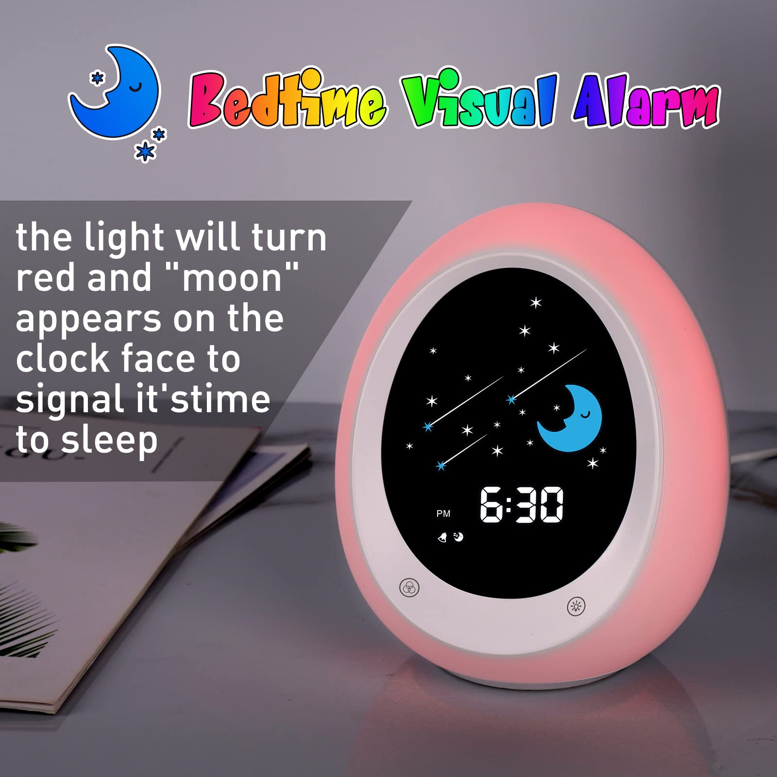 Butting Kids Alarm Clock, Toddler Sleep Training Clock With Sun & Moon, Sound Machine, Night Light, Ok To Wake Alarm Clock For C