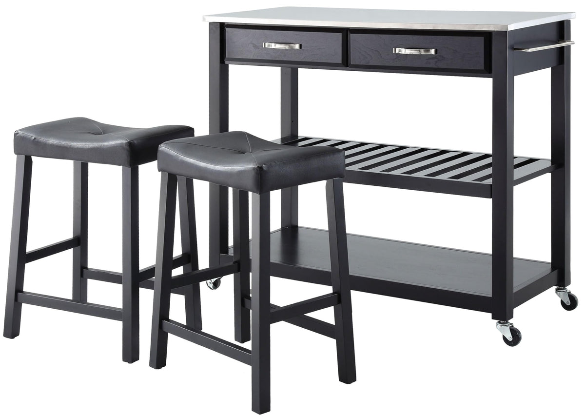 Crosley Furniture Stainless Steel Top Kitchen Prep Rolling Cart, Coffee Bar, With Set Of 2 Upholstered Saddle Stools, Black