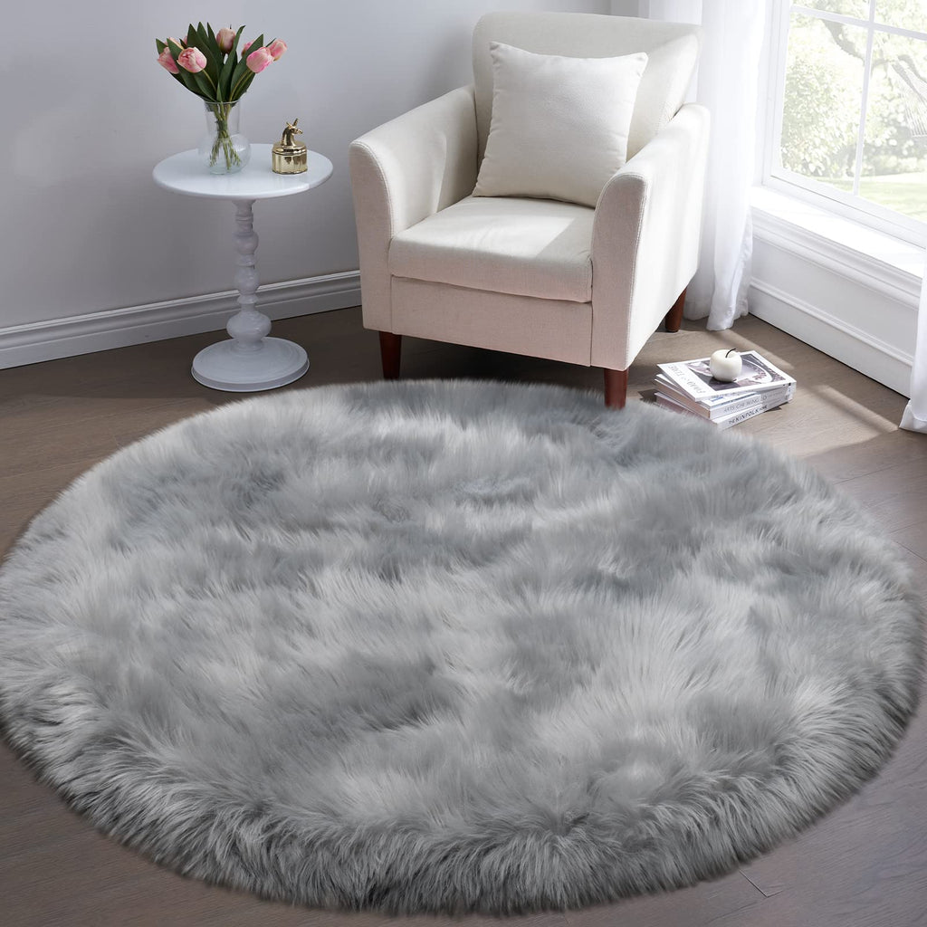 Fluffy Round Rug For Kids Room Grey Circle Faux Fur Area Rug For Bedroom, 4X4 Fuzzy Shag Rugs Furry Nursery Rug Teepee Mat, Gray