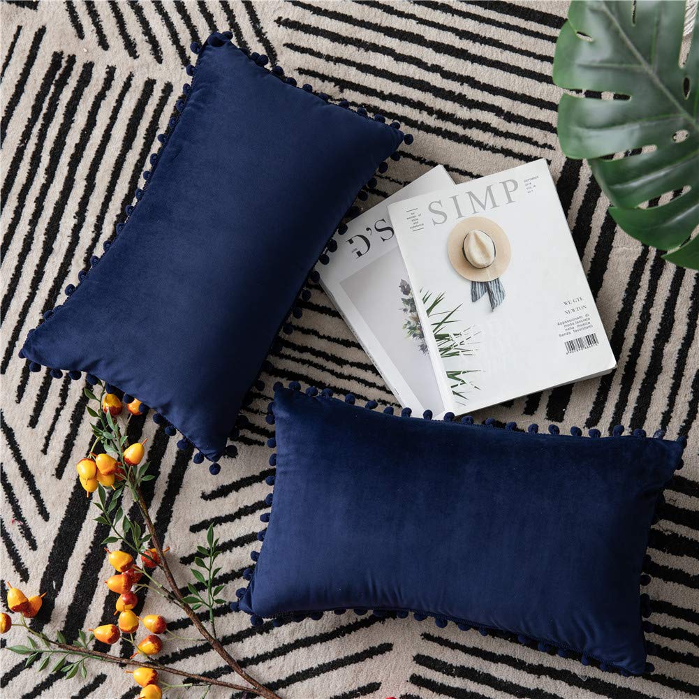 Dezene Couch Pillow Cases 12X20 Navy: 2 Pack Cozy Soft Pom-Poms Velvet Rectangular Throw Pillow Covers For Farmhouse Home Decor