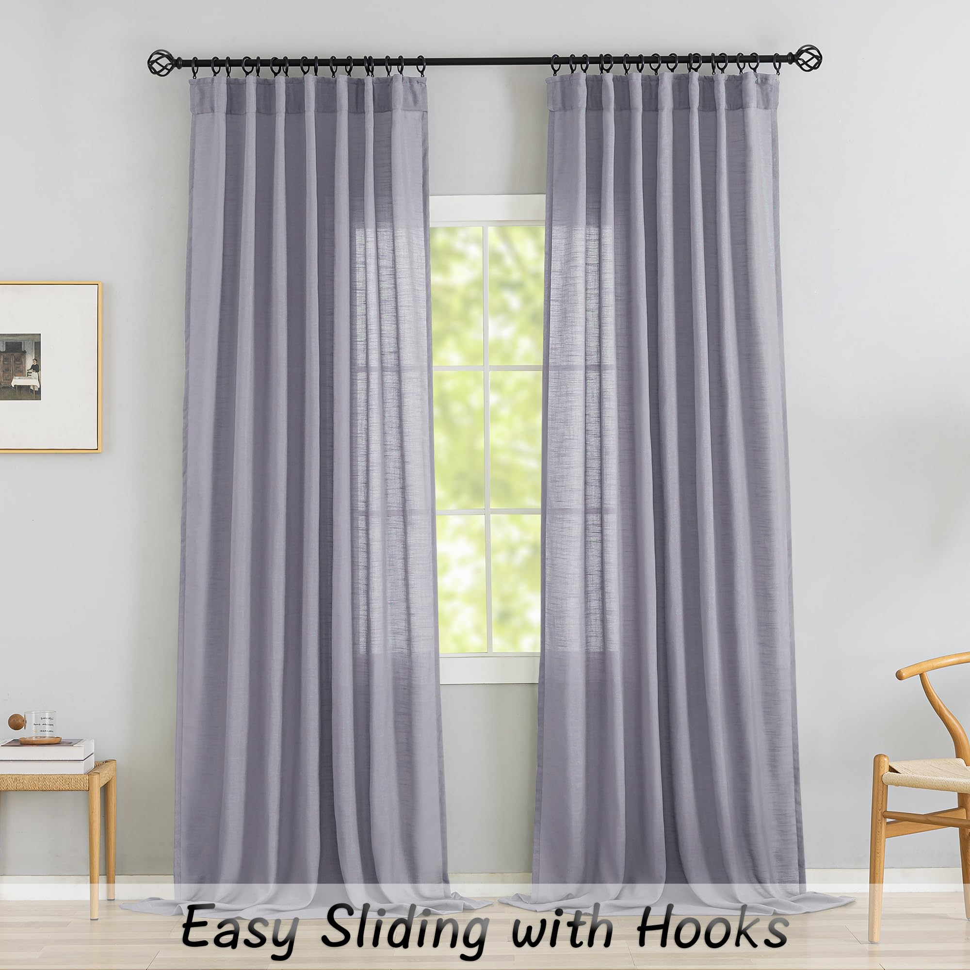 Light Purple Linen Back Tab Curtains 102 Inches Long 2 Panels Set For High Windows - Rustic Hooks Belt Pinch Pleated Look Easy Sliding Curtains Pocket Light Filtering Semi Privacy Drapres Lavender