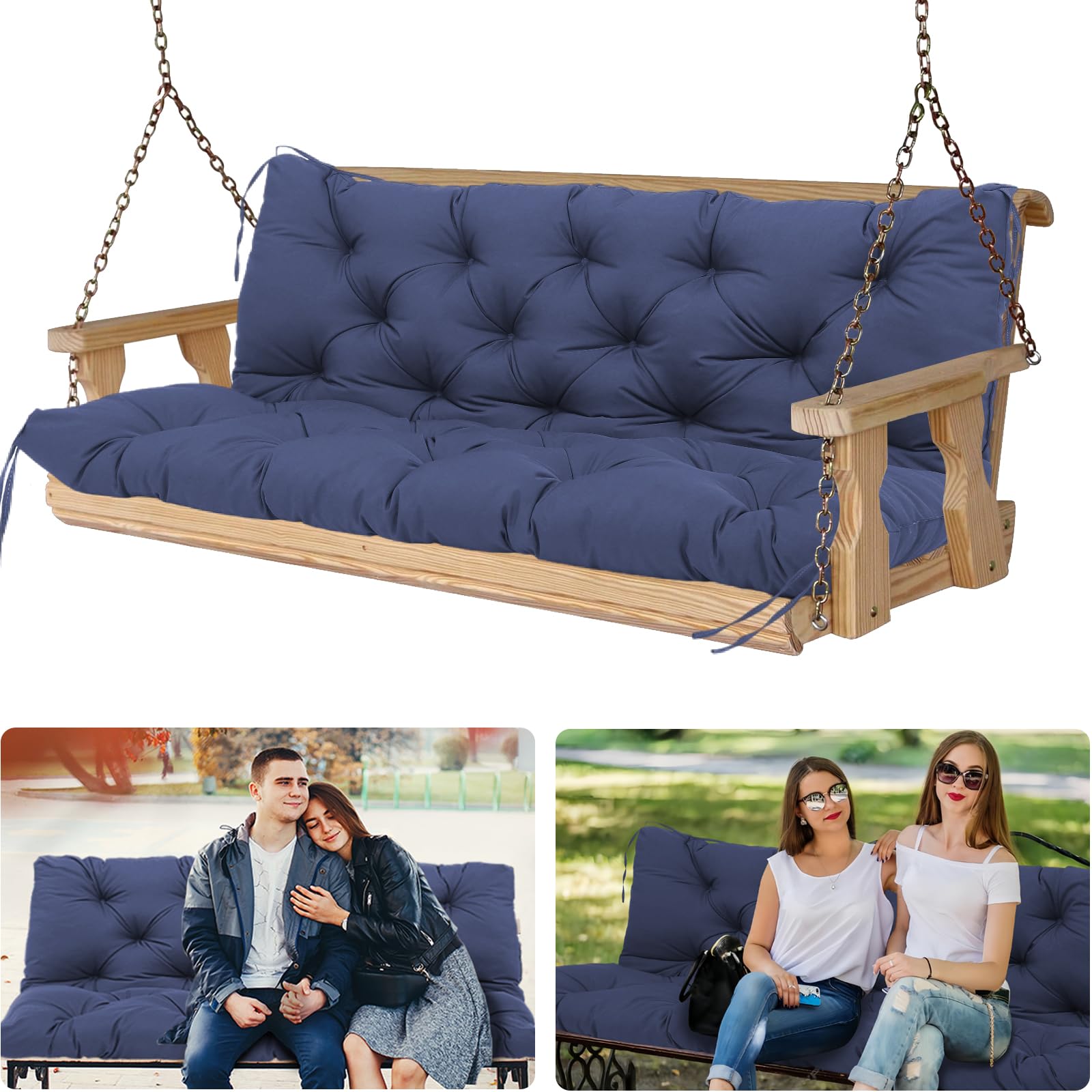 3 Seat Swing Cushion Replacement Waterproof Porch Swing Cushions Outdoor 60 Inch With Backrest Bench Cushion With Ties Swing Cus