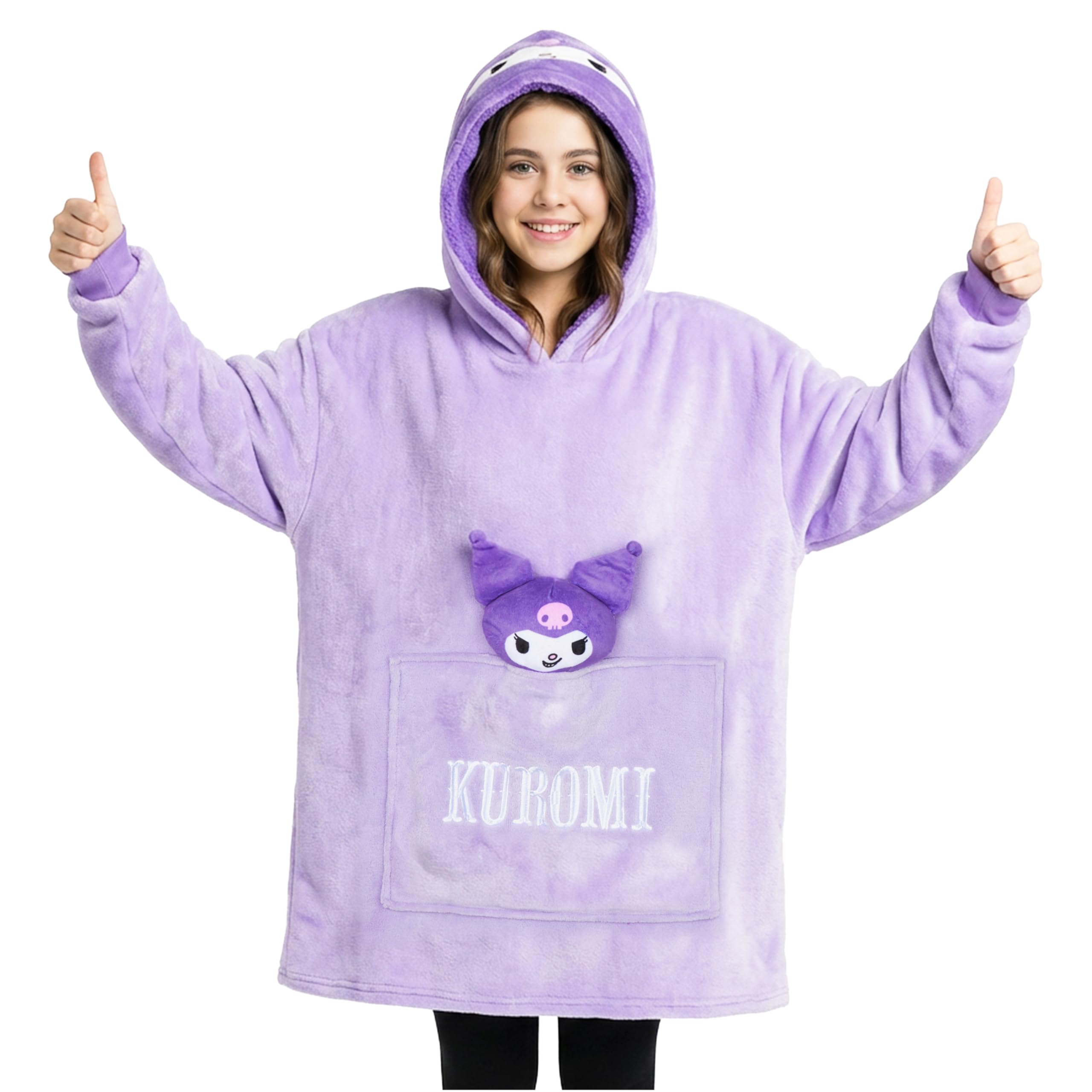 Hello Kitty Sanrio Kuromi Blanket Hoodie Girls, Teens, Kawaii Fleece Wearable Blanket with Plush, Loungewear Gifts for Girls (Pu