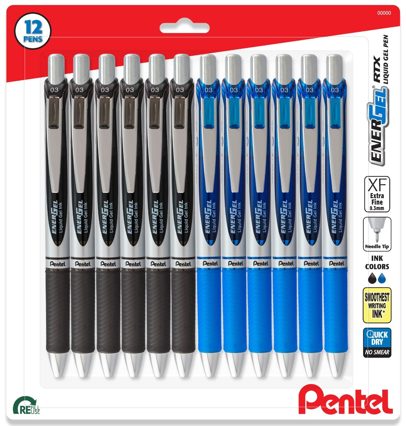 Pentel Energel 0.3 Mm Rtx Retractable Liquid Gel Pen - Pack Of 6 Black Ink & 6 Blue Ink (Total Of 12 Energel Liquid Gel Ink Pens