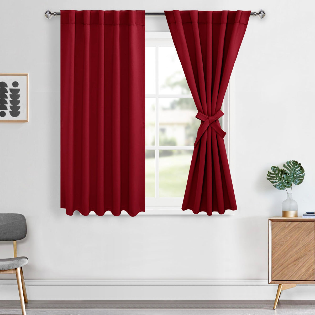 Hiasan Christmas Blackout Curtains 45 inch Long, Light Blocking Thermal Insulated Rod Pocket & Back Tab Red Drapes Sewn with Tie
