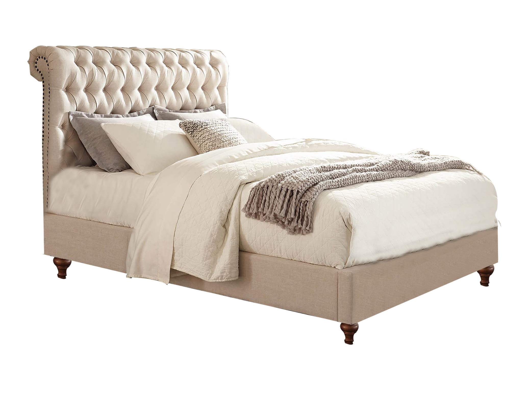 Benjara Fabric Upholstered Wooden Queen Size Bed With Button Tufted Headboard, Beige