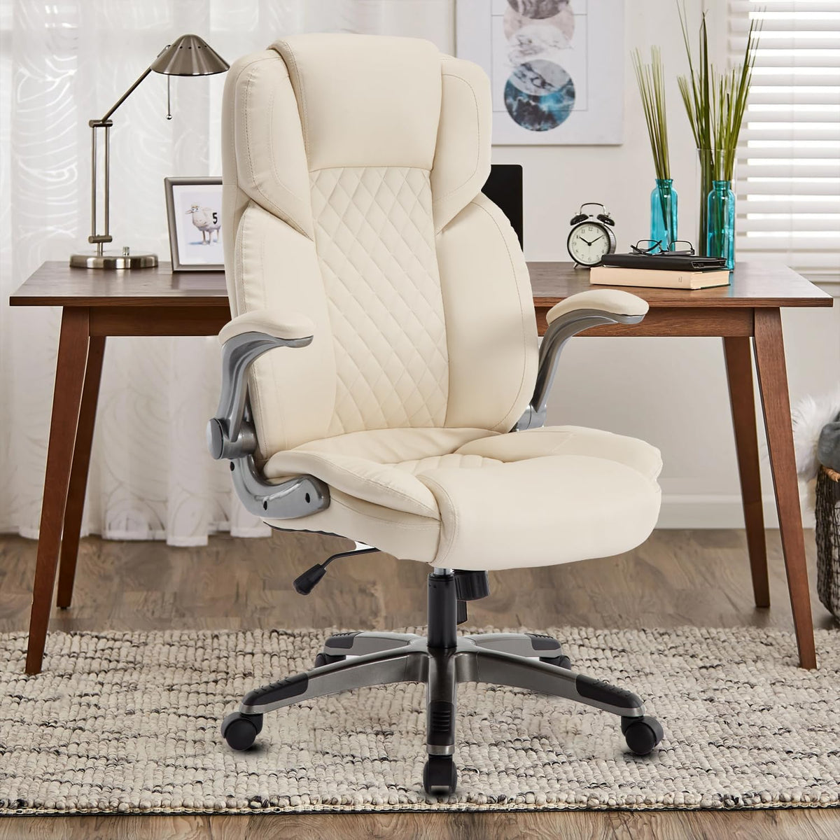 Reficcer High Back Office Chair With Flip Up Arms, Ergonomic Pu Leather Executive Office Chairs With Wheels, 90-120 Rocking Offi