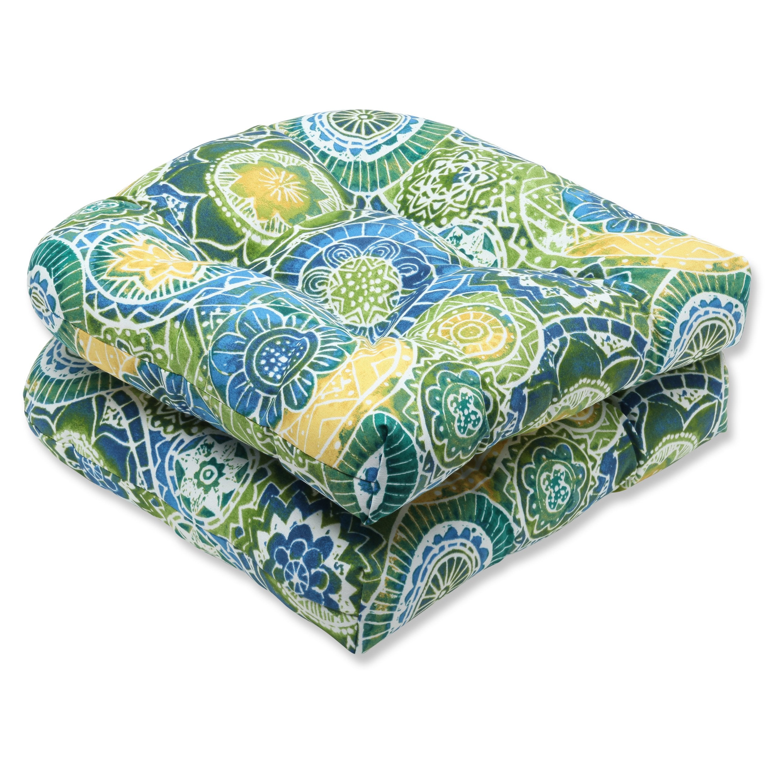 Pillow Perfect Outdoor/Indoor Omnia Lagoon Tufted Seat Cushions Round Back Blue Spun Polyester 19" x 19"