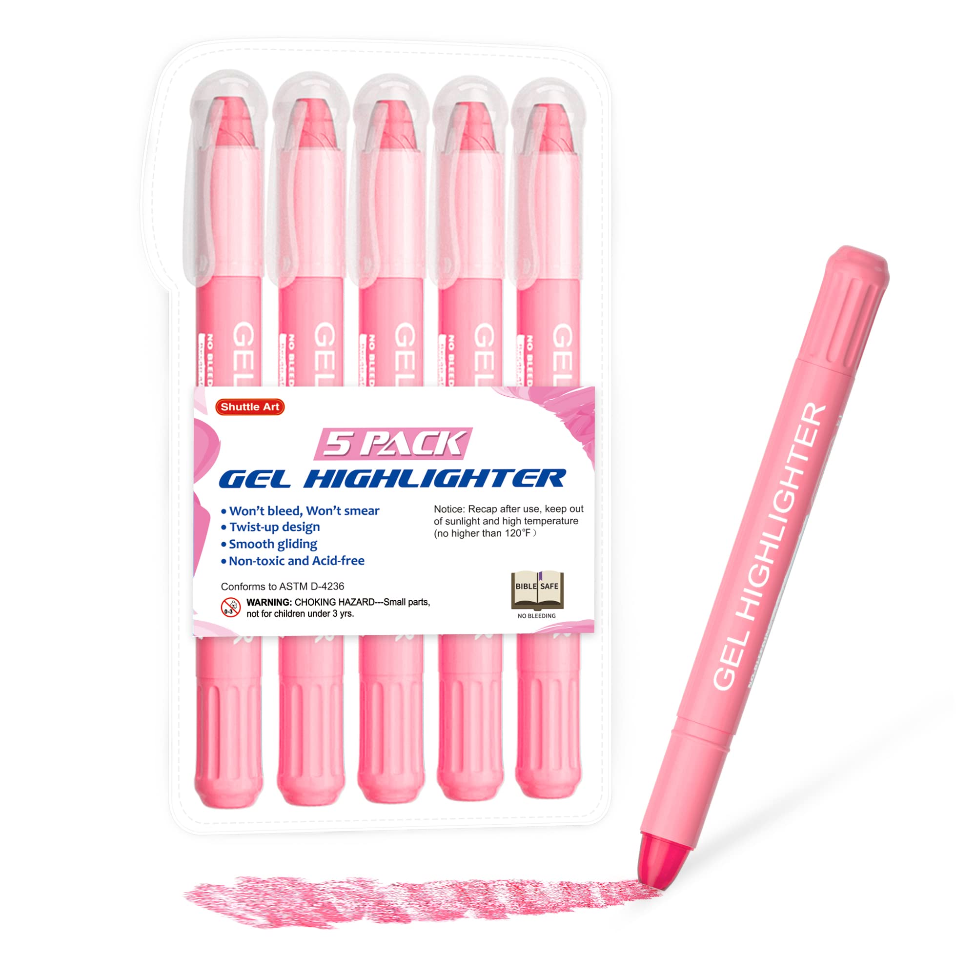 Shuttle Art 5 Pack Pink Gel Highlighters,Bible Highlighters,No Bleed Through, Bible Journaling Supplies,Great For Journaling, Hi