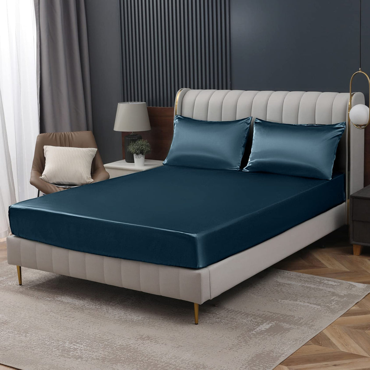 Homiest Deep Sea Blue Satin Fitted Sheet Full Size Fitted Bed Sheet, Deep Pocket Fitted Sheet Only, Luxury & Ultra Soft Bedding