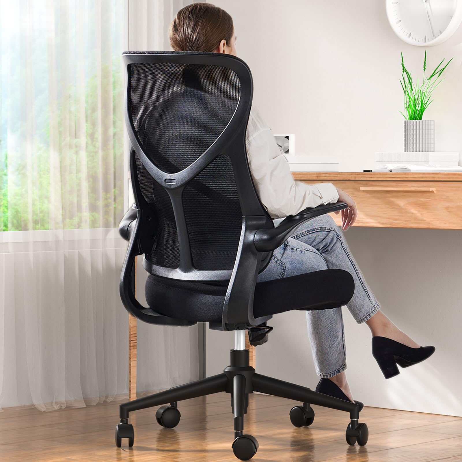 Sweetcrispy Ergonomic Office Desk Computer Chair, Comfy High Back Swivel Rolling Home Mesh Gaming Chairs With Wheels, Lumbar Support, Flip-Up Arms,120°Tilt For Bedroom, Study, Work, Black