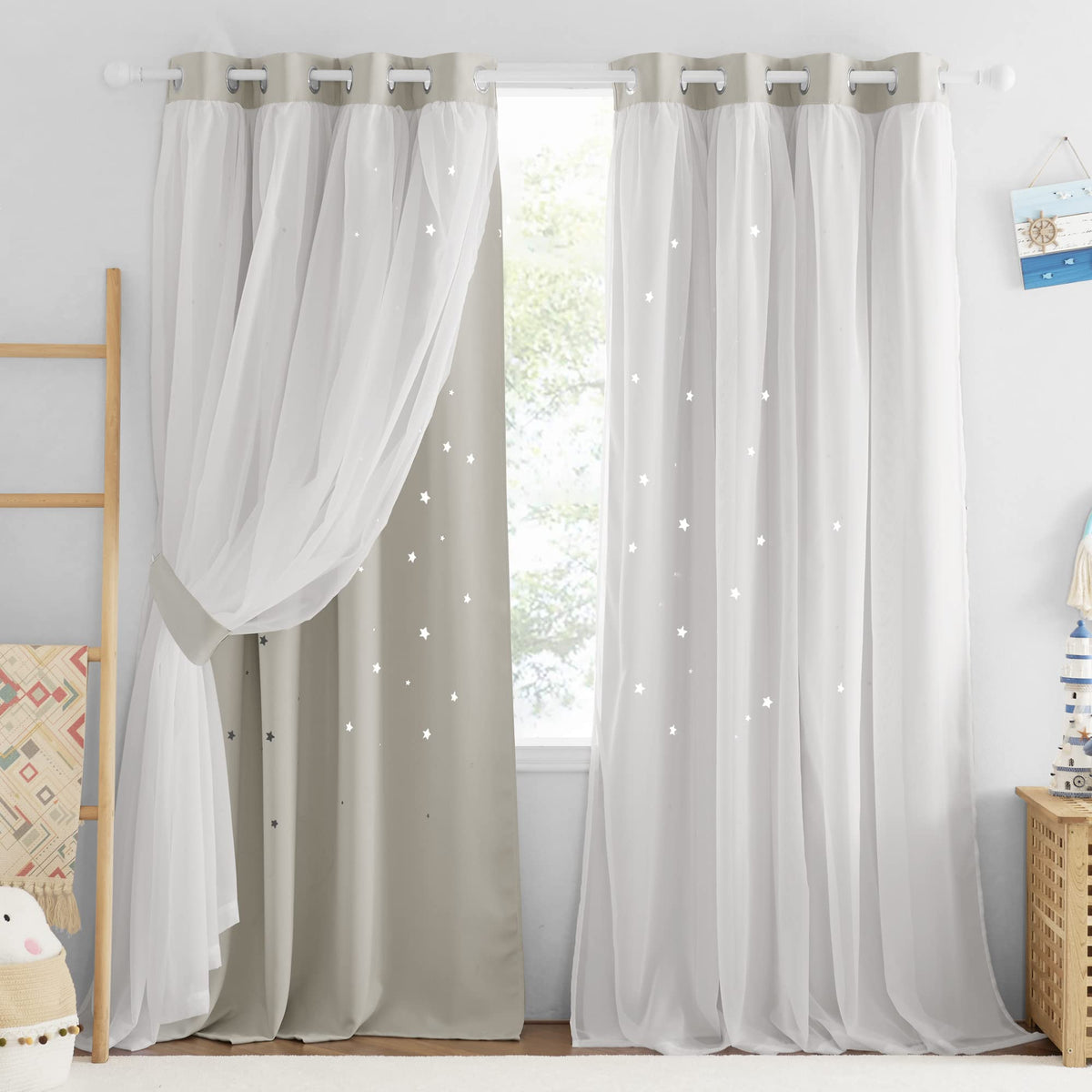 Nicetown Natural Curtains For Living Room Bedroom Farmhouse Curtains Double Layer Blackout Kids Curtains 84 Inches Length Star C