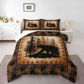 Castle Fairy Bear Print Comforter Set King Size,Wild Animal Hunt Pine Trees Retro Bedding Set All Season Quilt Set,Rustic Grid P