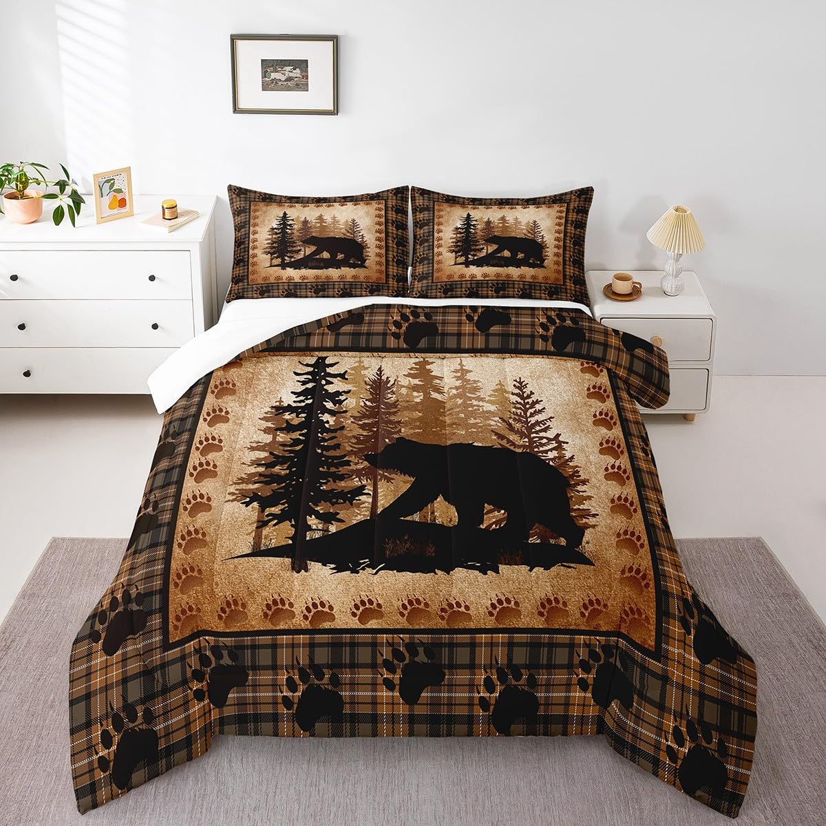 Castle Fairy Bear Print Comforter Set King Size,Wild Animal Hunt Pine Trees Retro Bedding Set All Season Quilt Set,Rustic Grid P