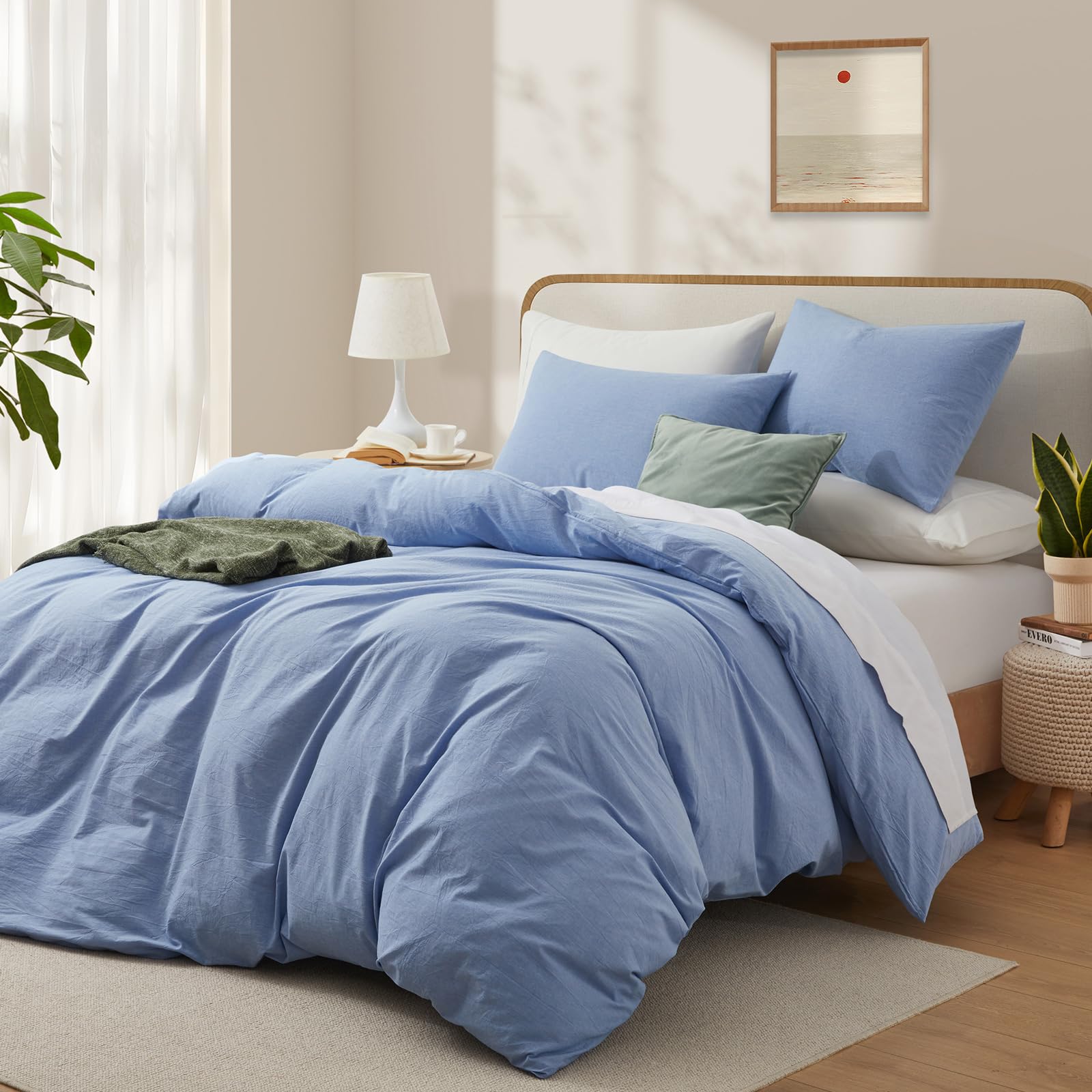 Lovque Light Blue Cotton Duvet Cover Twin Size, Linen Like Natural Bedding Set With Zipper Closure (No Comforter), 68X90 Inches
