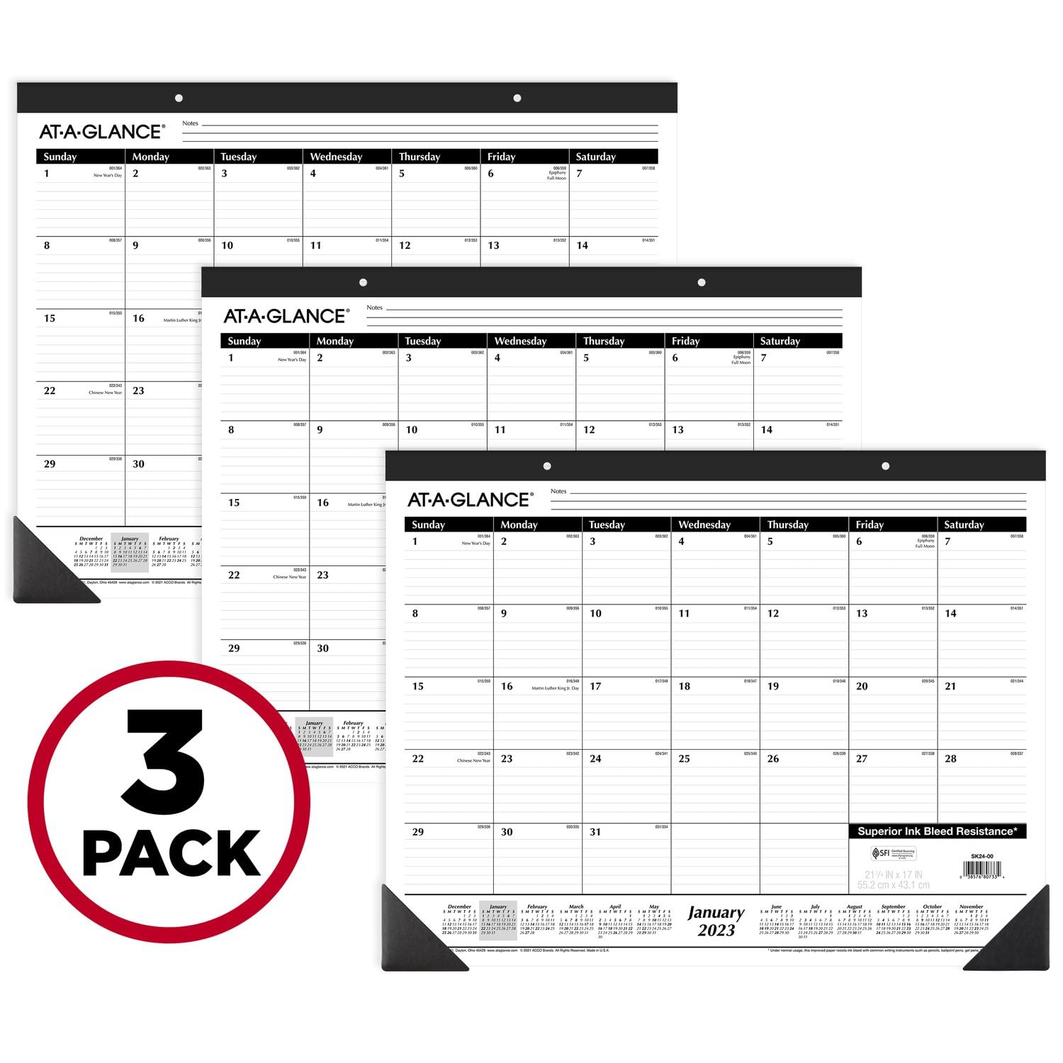 At-A-Glance Desk Calendar 2023 Old Edition, Office Desk Pads, Monthly, 21-3/4' X 17', Large, Ruled Blocks, 3 Pack (Azsk2400)