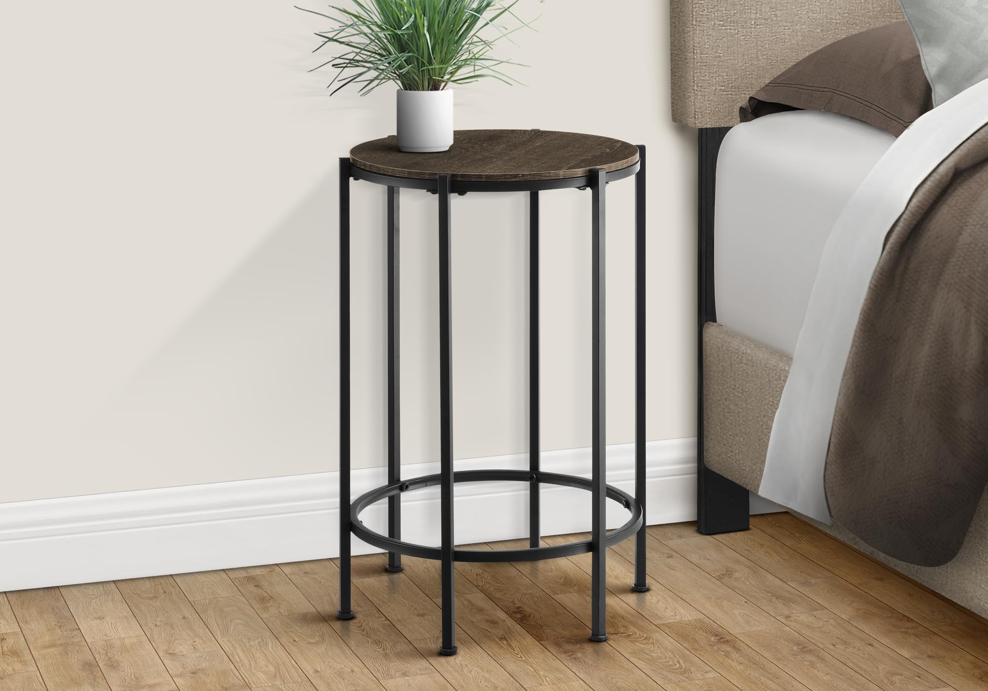 Monarch Specialties I 3756 Accent Table, End, Round, Side Table, Bedroom, Nightstand, Dark Oak, Black Metal