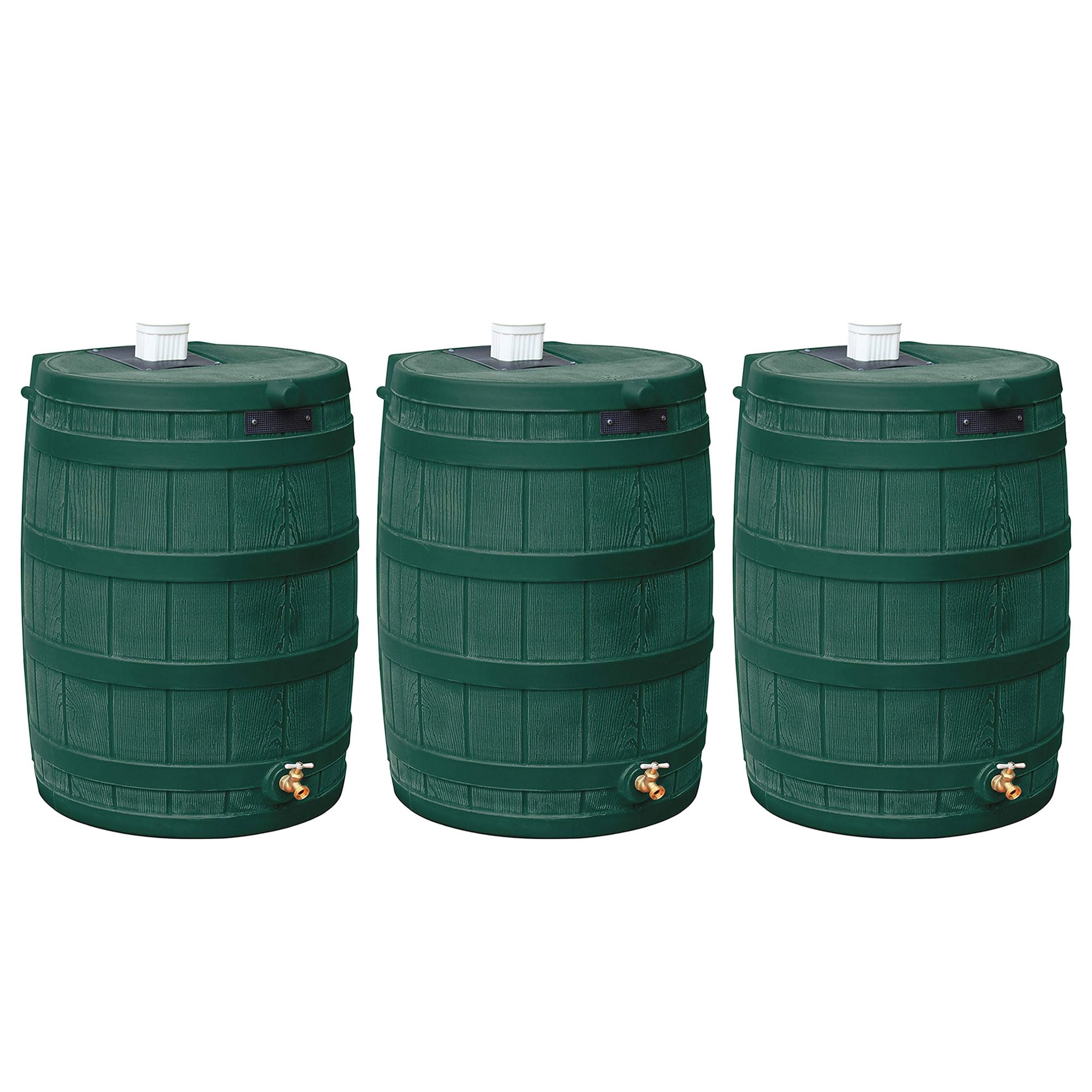 Good Ideas Rain Wizard Water Storage Collection Barrel With Brass Spigot, Safety Screen, And 50 Gallon Capacity, Green (3 Pack)