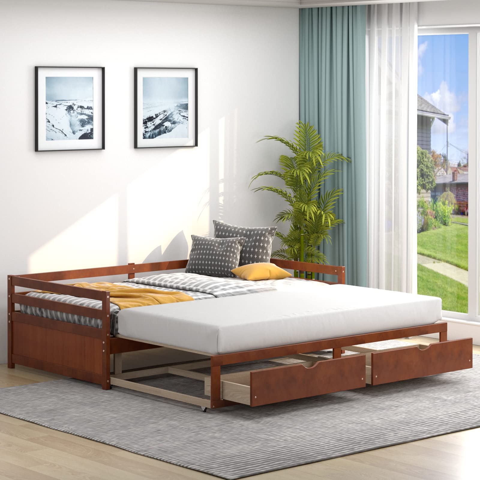 Dortala Twin To King Daybed With Trundle And 2 Storage Drawers, Modern Extendable Daybed With Pull Out Bed Twin, Dual-Use Sofa Bed For Bedroom, Guest Room, Living Room, No Box Spring Required, Brown
