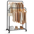 SONGMICS Double Rods Clothes Rack with Wheels, Clothing Rack for Hanging Clothes, Heavy Duty Garment Rack with Mesh Storage Shel
