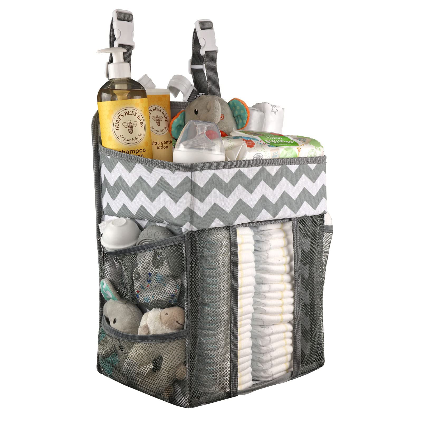 Babywards Hanging Diaper Caddy Organizer - Large Nursery Storage for Essential Newborn Baby Items - 2 Compartments, 3 Mesh Pocke