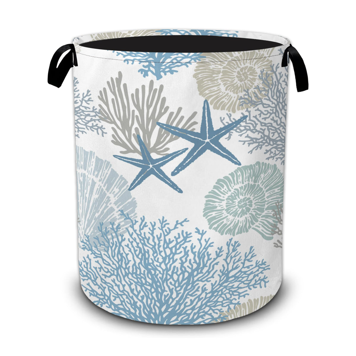 Starfish Laundry Basket,Shells CoralLarge Collapsible Portable Round Laundry Hamper with Handles,Oxford Storage Bin for Clothes,