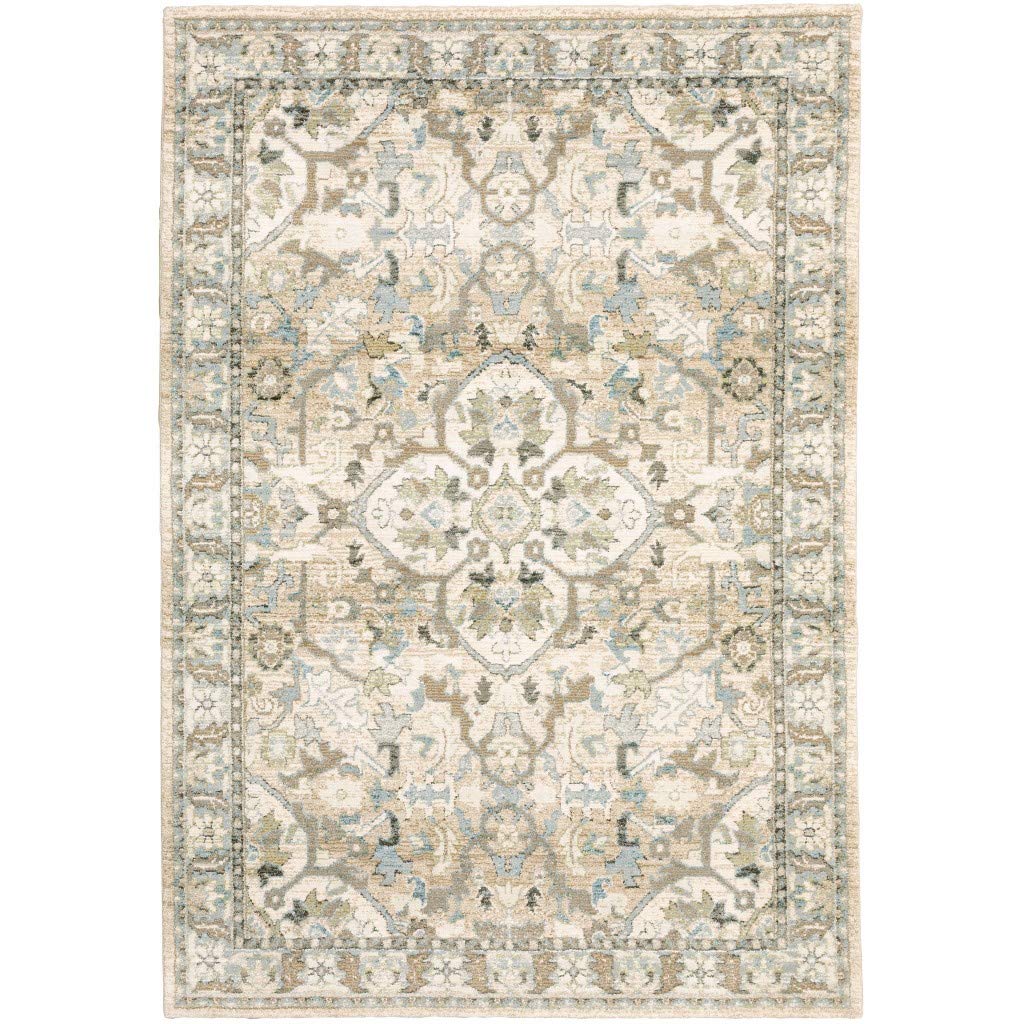 HomeRoots Nylon, Polypropylene 5'x8' Beige and Ivory Medallion Area Rug