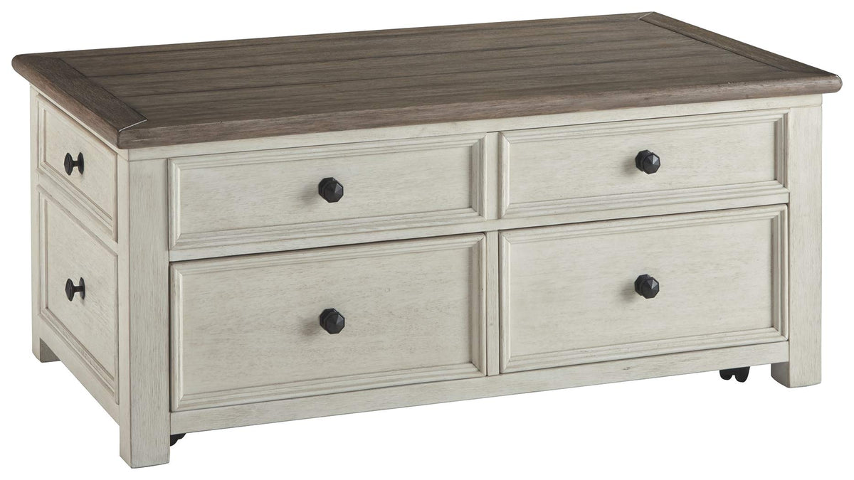 Benjara Cocktail Table With Spring Lift Top And Multiple Drawers, White And Brown