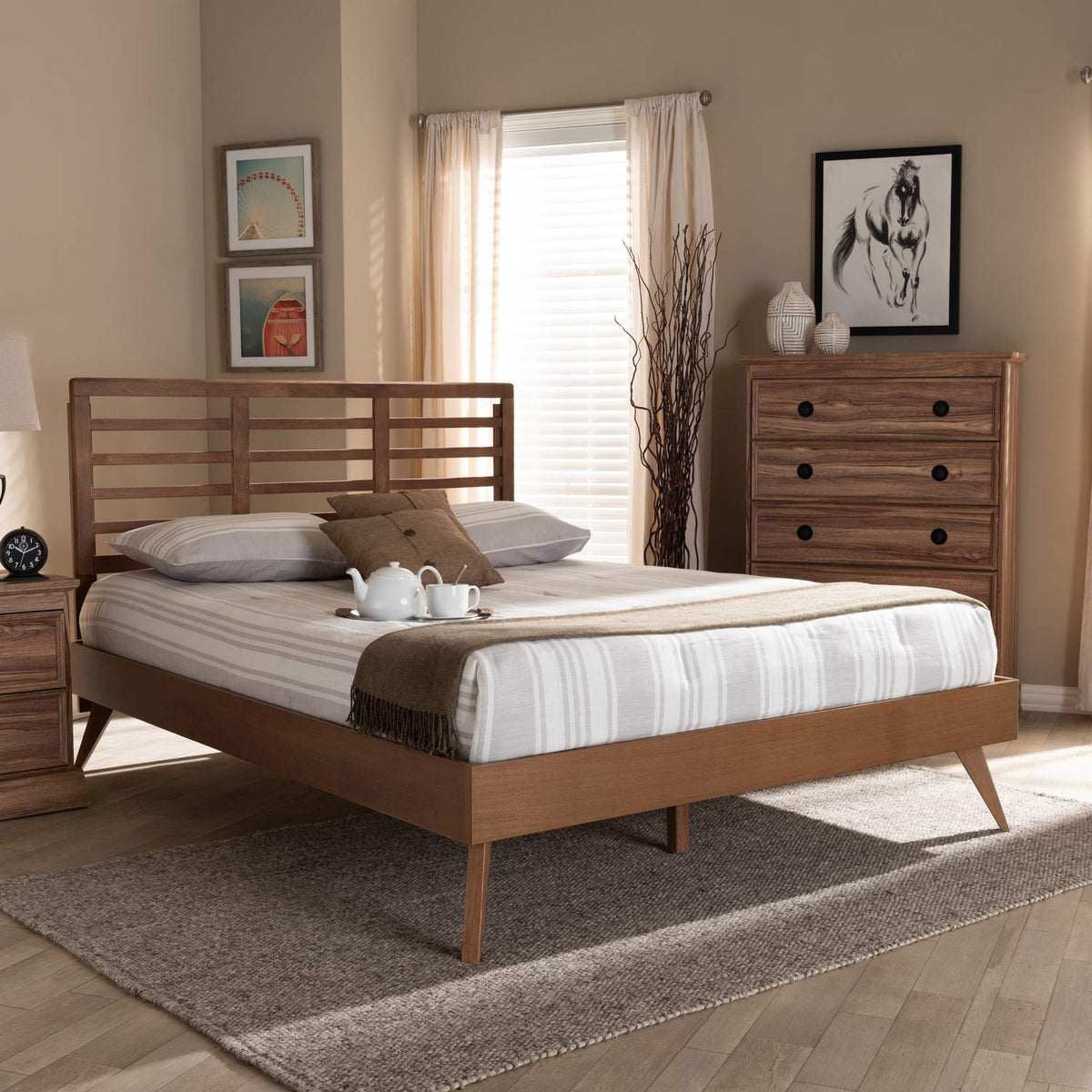 Baxton Studio Calisto Mid-Century Modern Walnut Brown Finished Wood King Size Platform Bed