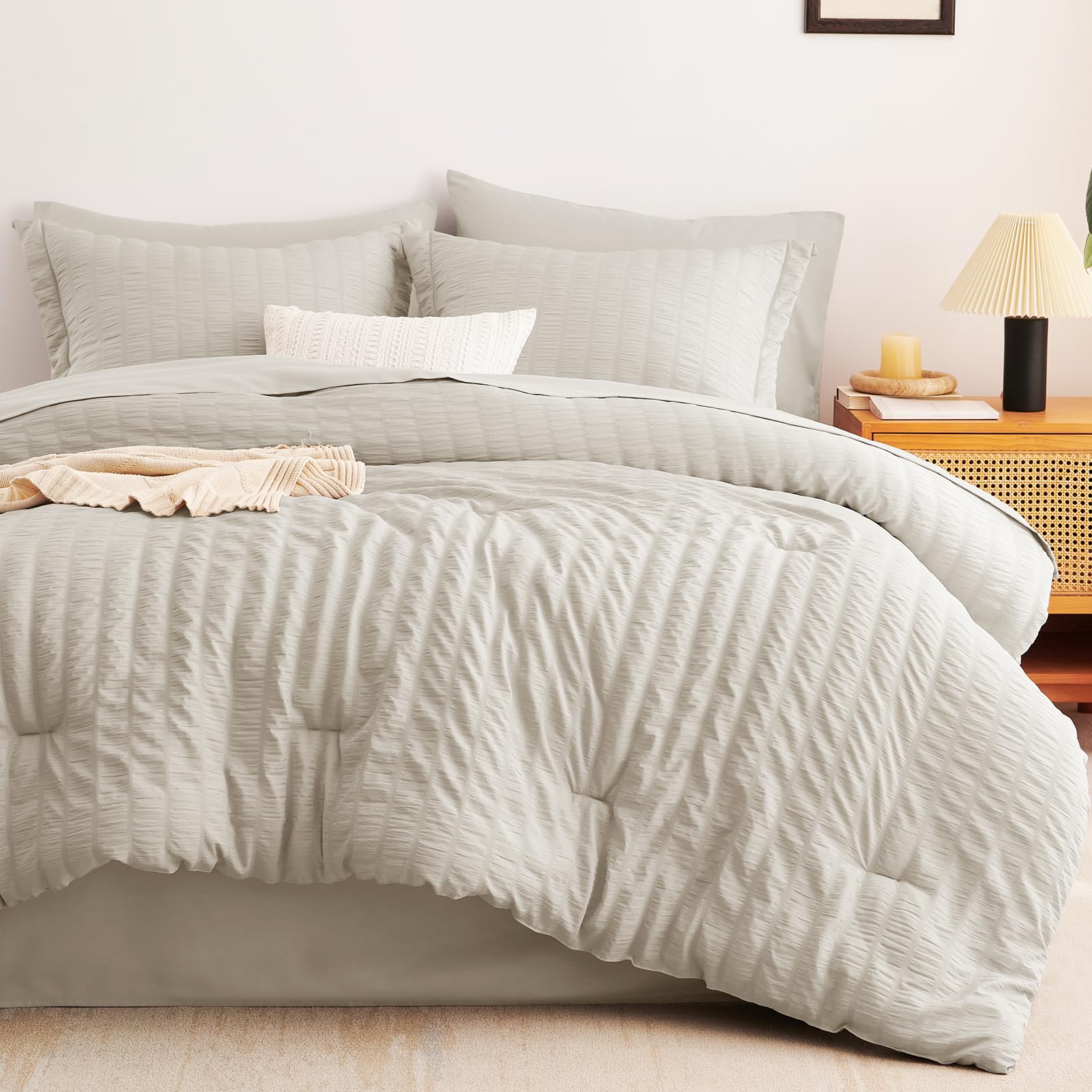 Cozylux King Seersucker Comforter Set With Sheets Beige Bed In A Bag 7-Pieces All Season Bedding Sets With Comforter, Pillow Sham, Flat Sheet, Fitted Sheet, Pillowcase