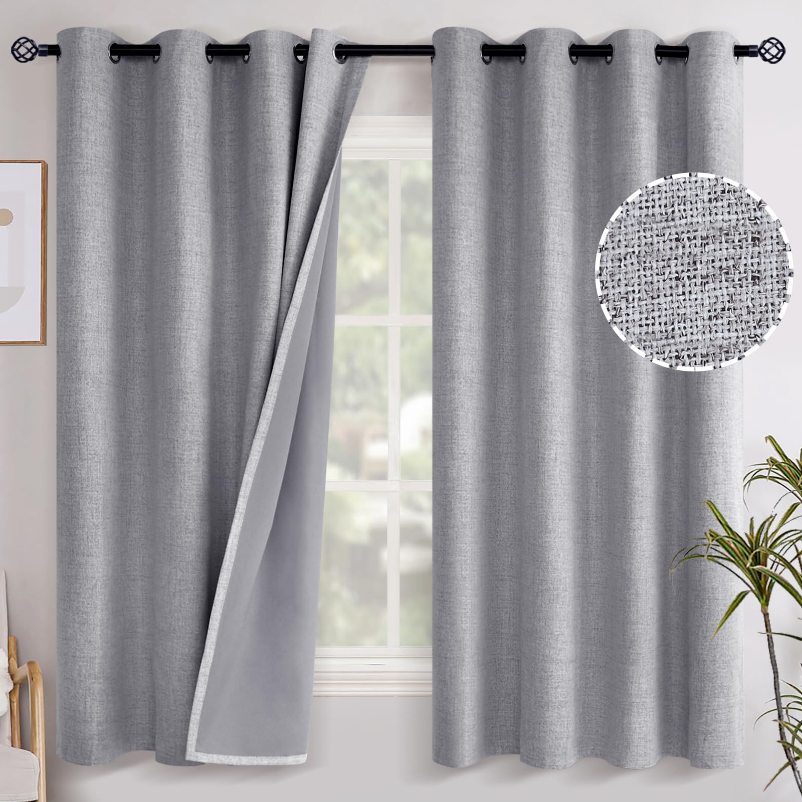 Youngstex Grey Linen Curtains Blackout 63 Inches Long For Bedroom, Grommet Thermal Insulated Linen Textured Room Darkening Windo
