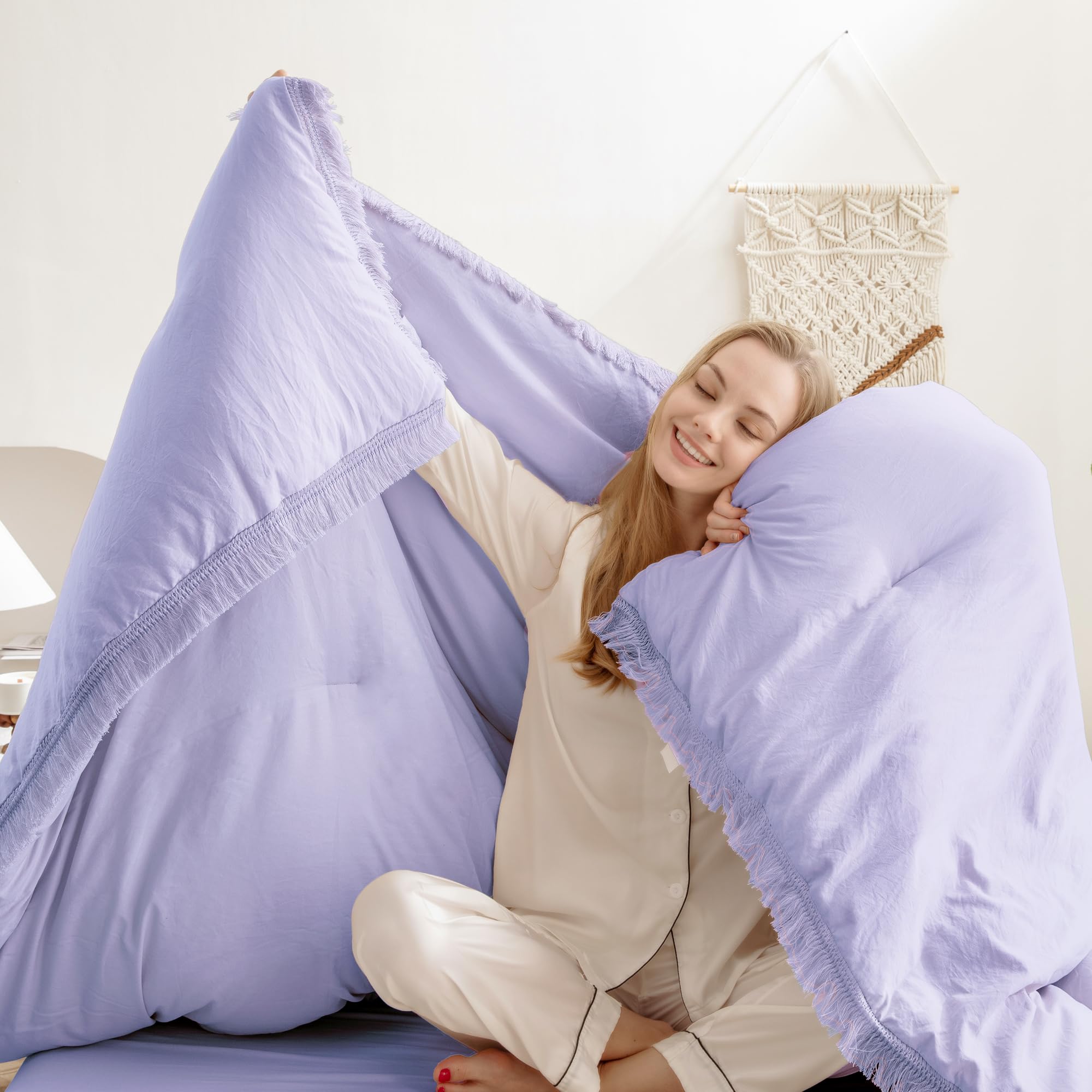 Andency Comforter King Size Bed Set Lavender, Purple 3 Pieces Boho Lightweight Winter Bedding Comforters & Sets, All Season Soft Tassel Bed Set (104X90In Comforter & 2 Pillowcases)