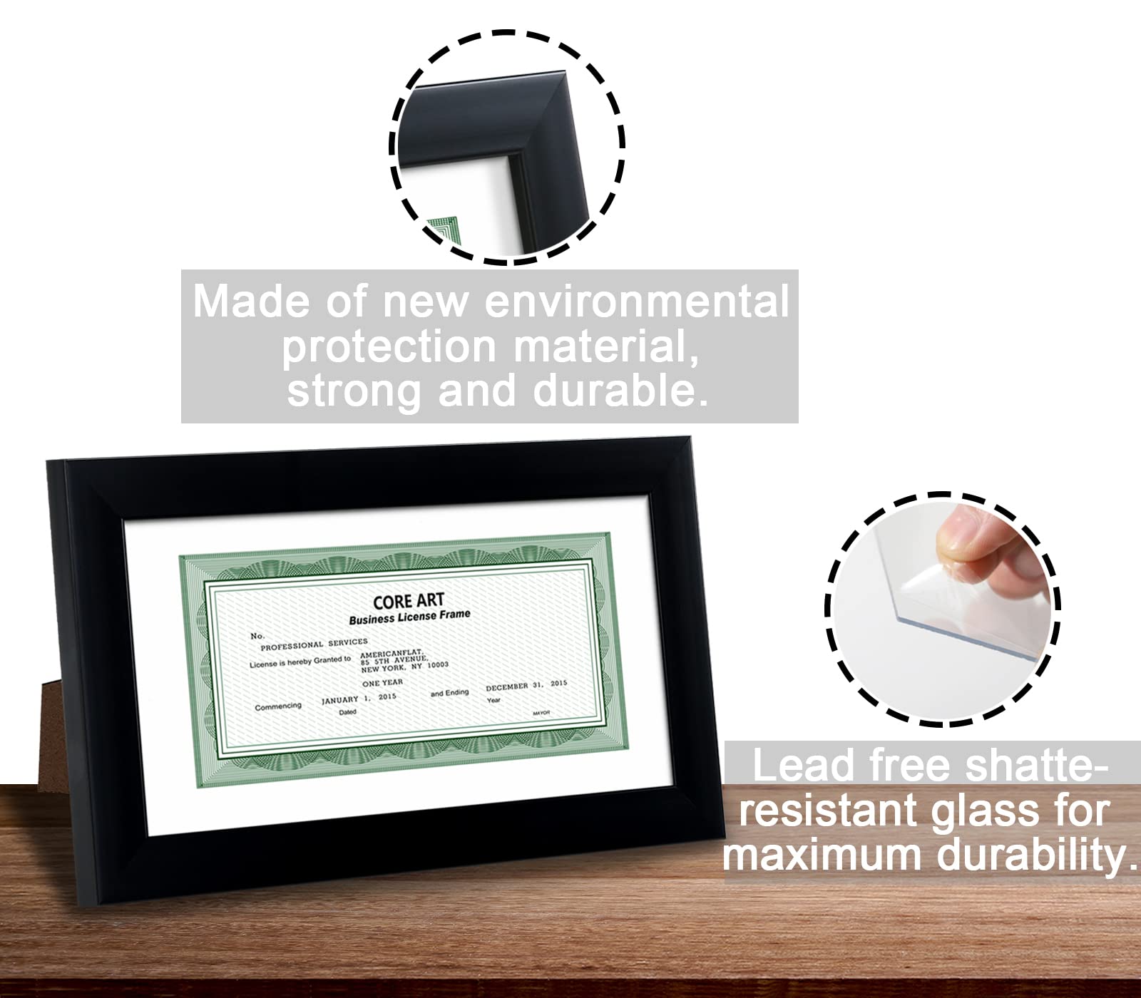 CORE ART Black 5x10 Business License Frame, Professional Bank Check Frame 3.5x8, High Definition Plexiglass, Wall/Tabletop Display