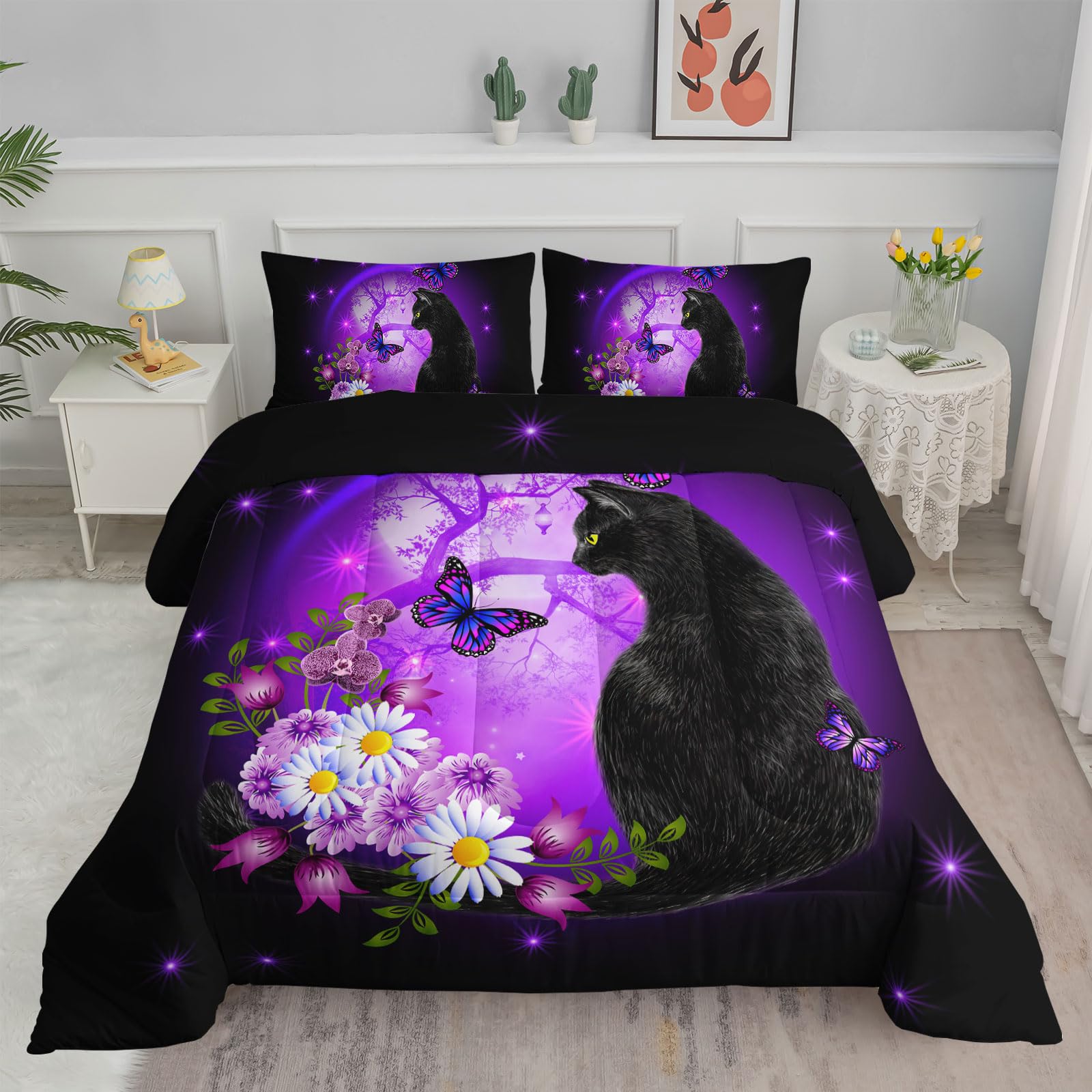 Black Cat Bedding Cartoon Cat Comforter Set Full,Daisy Butterflies Printed Kids Bedding Set For Kids Boys Girls Adults Room Deco