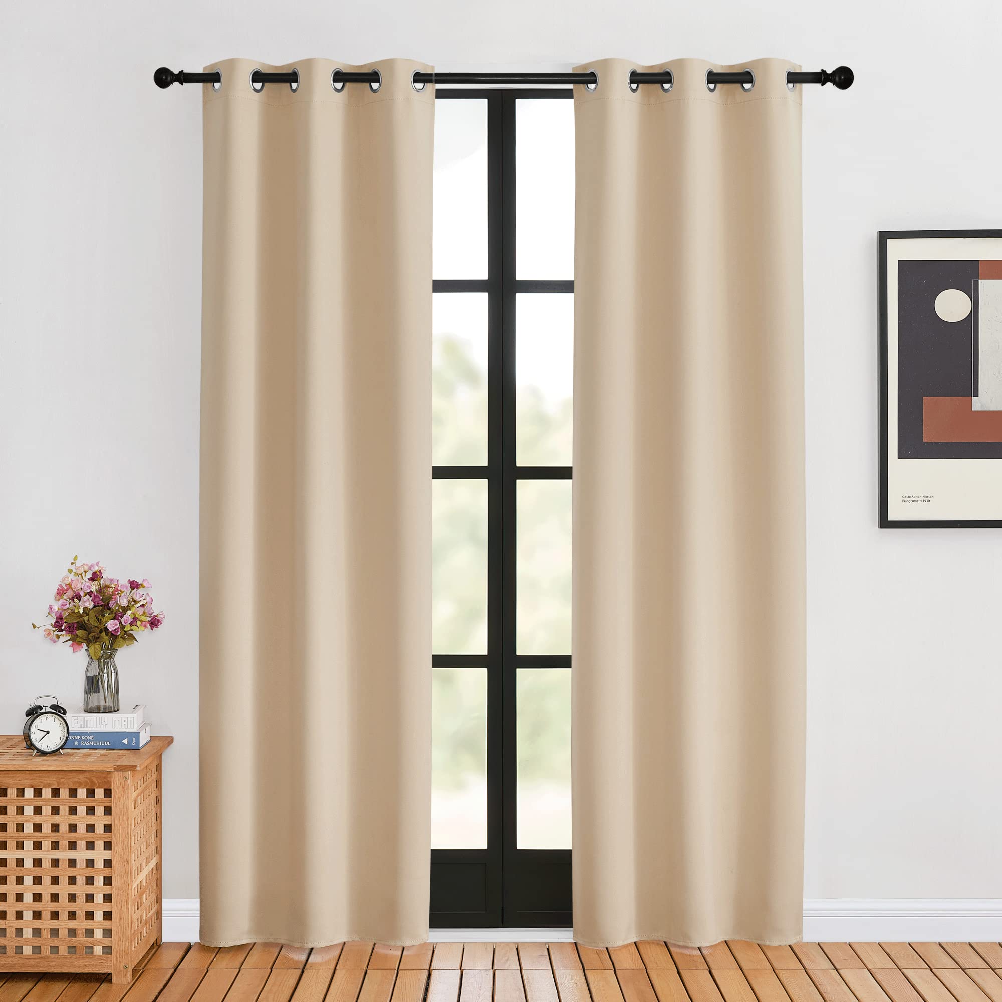 Nicetown Blackout Farmhouse Curtains, Biscotti Beige, Set Of 2, 34 By 80 Inch, Thermal Insulated Solid Grommet Vertical Drapes R
