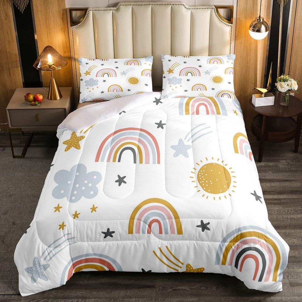 Erosebridal Girls Rainbow Bedding Set, Sun And Stars Comforter Set Twin Size For Kids Boys Children Cartoon Style Cloud Bedding
