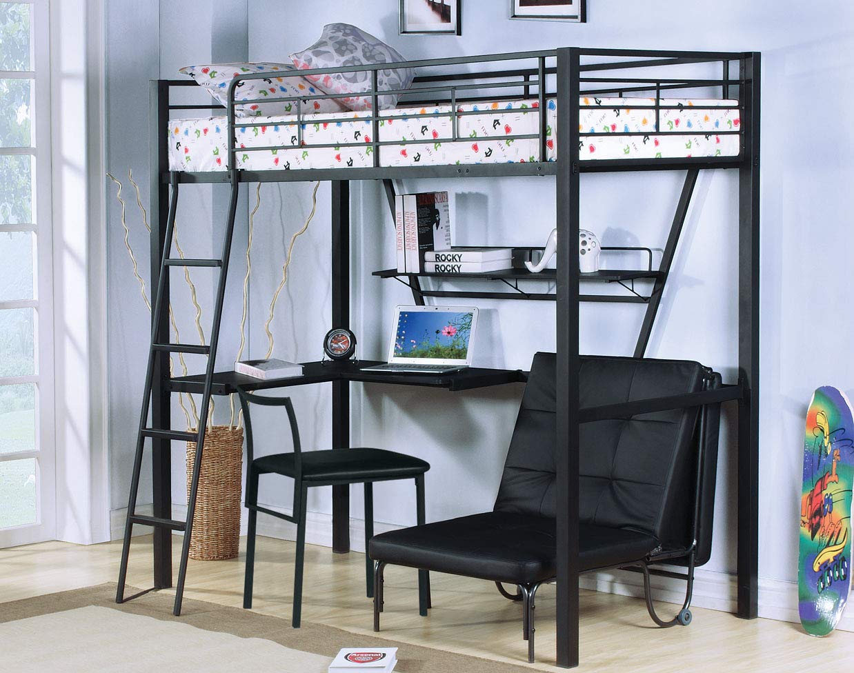 HomeRoots Furniture Silver & Black Loft Bed with Desk, Multicolor