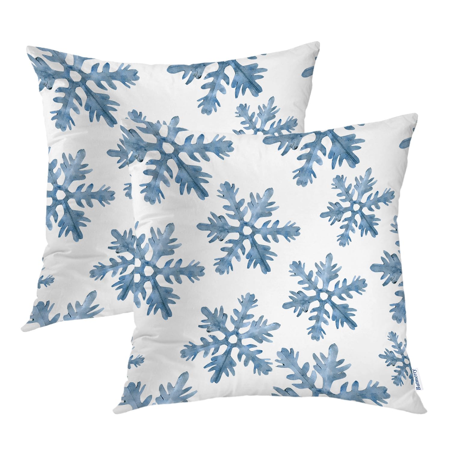 Batmerry Christmas Blue Decorative Pillow Covers, 16 X 16 Inch Blue Snow Winter With Snowflakes Falling White Crystal Double Sid