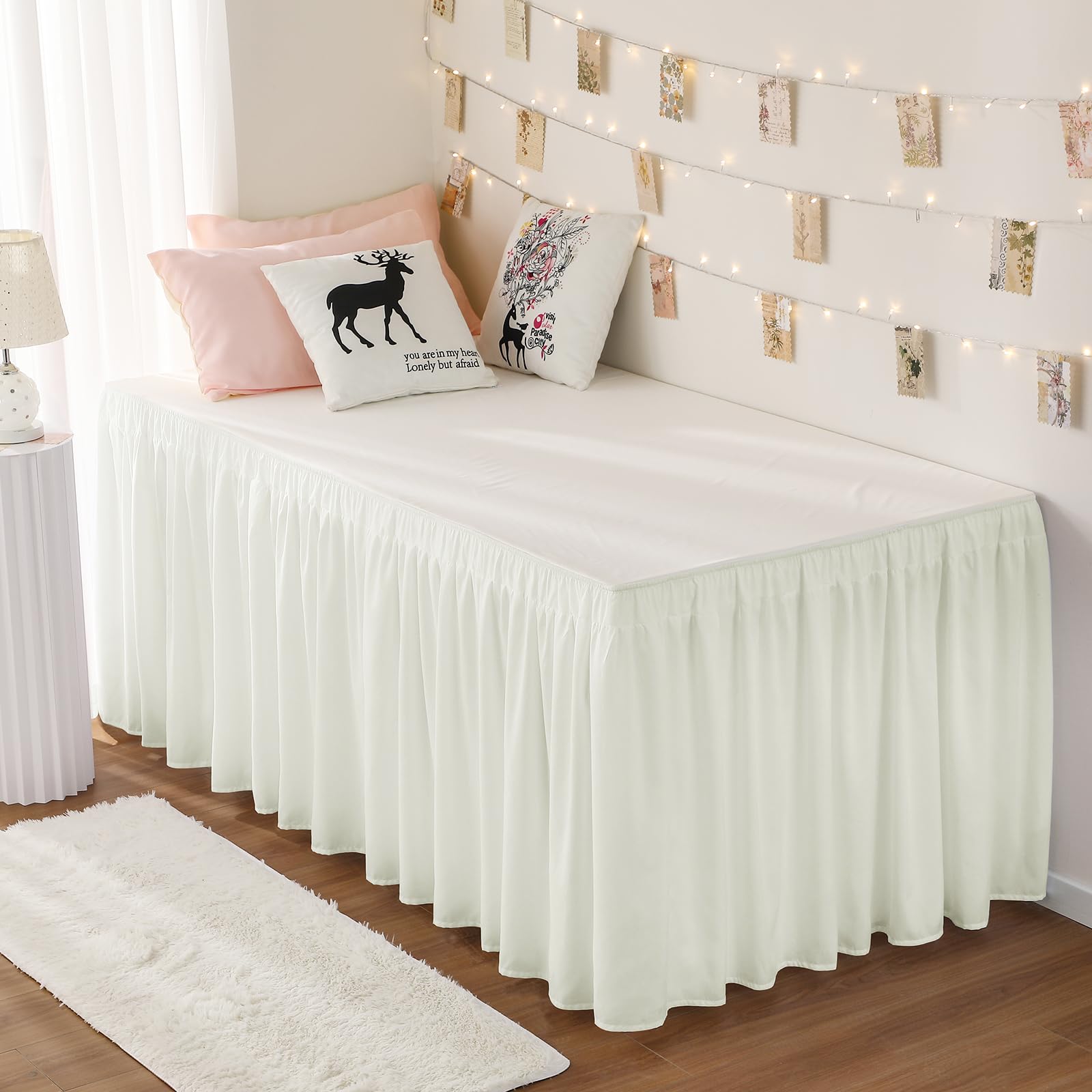Rimela Ivory Bed Skirt Twin 32 Inch Drop Silky Luxurious Fabric, Wrinkle And Fade Resistant With Adjustable Elastic Belt Easy To