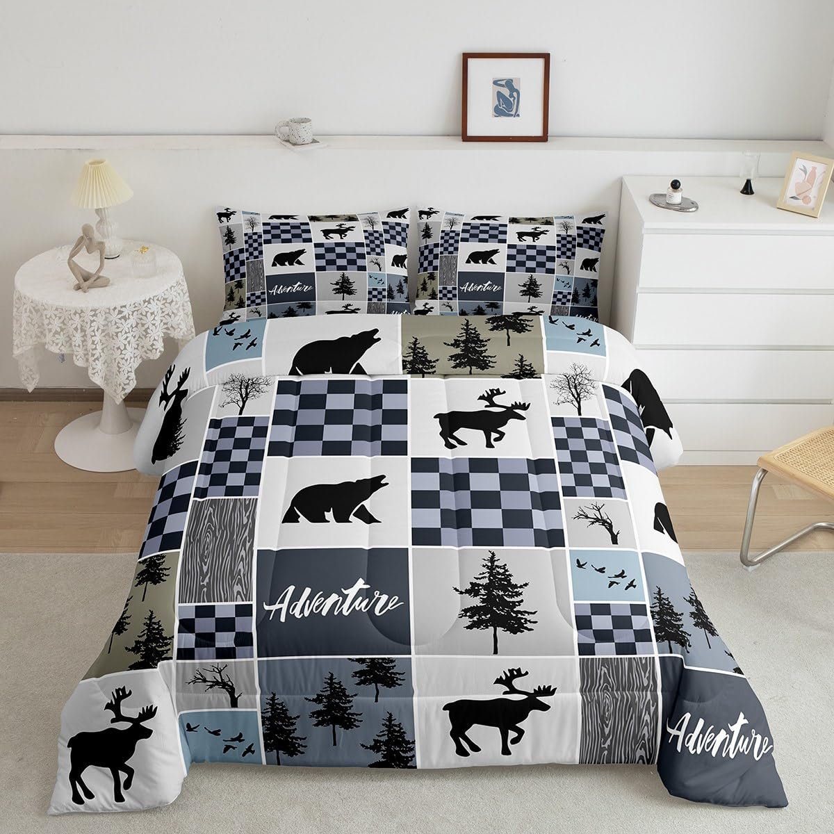 Deer Antler Comforter Set Queen Size,Bear Rustic Farmhouse Adventure Bedding Set For Kids Boys Girls Adults Room Decor,Pine Tree