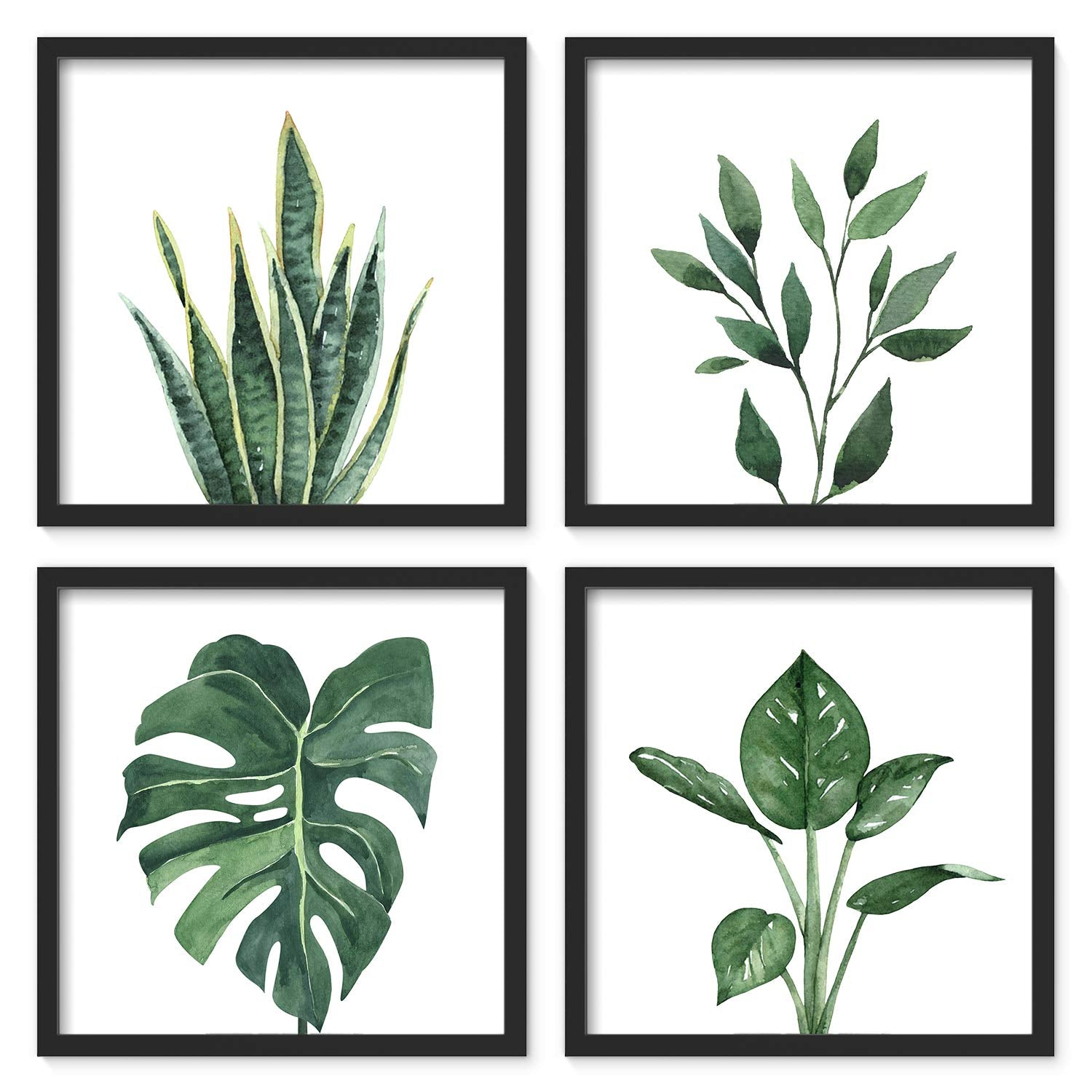ArtbyHannah Bathroom Wall Art Set of 4 Botanical Wall Decor Green Plant Picture Frame Prints for Home Bedroom Restroom Decoratio